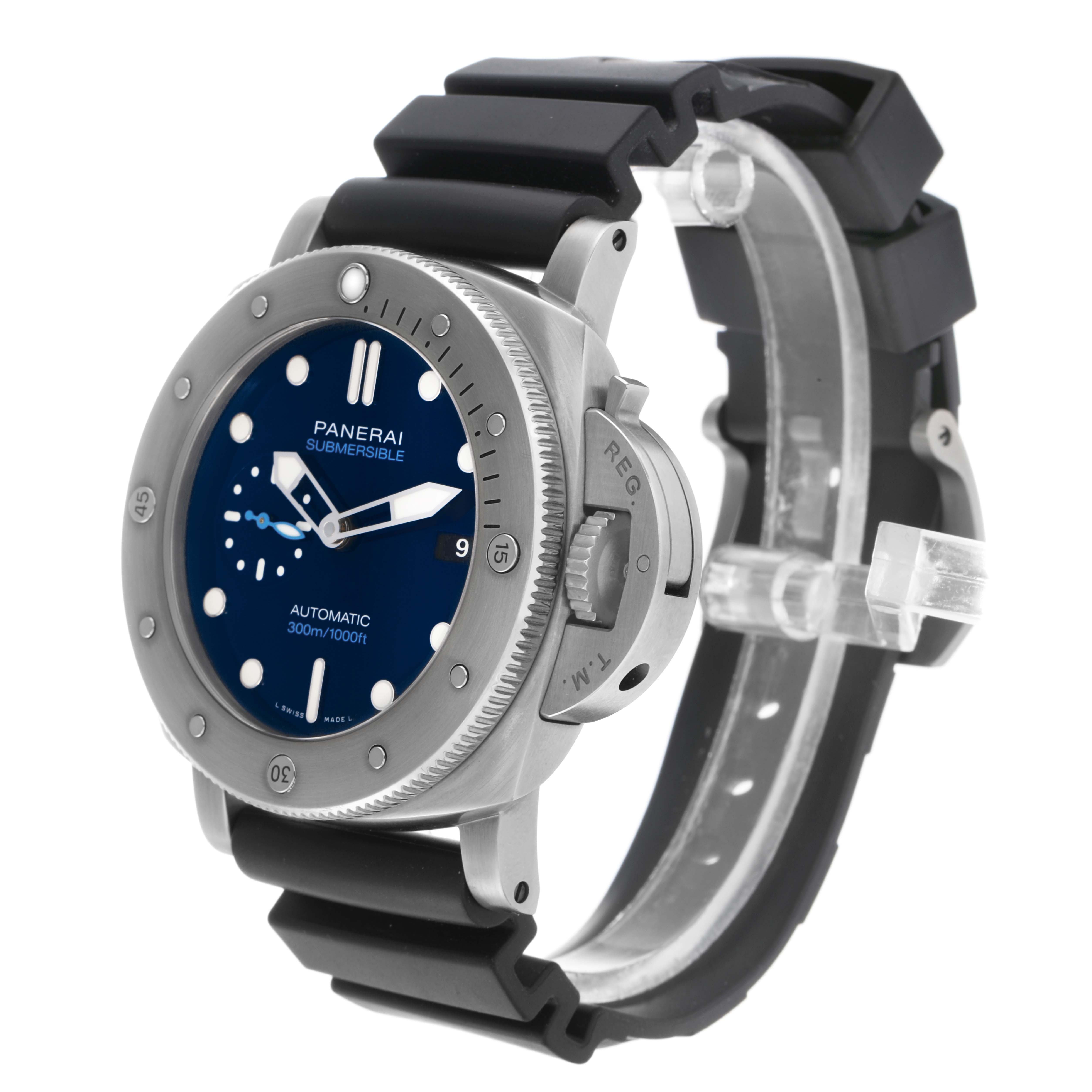 The Panerai Submersible PAM00692 Men's Titanium Blue Dial watch is shown at a three-quarter angle, highlighting the dial, bezel, crown guard, and rubber strap.