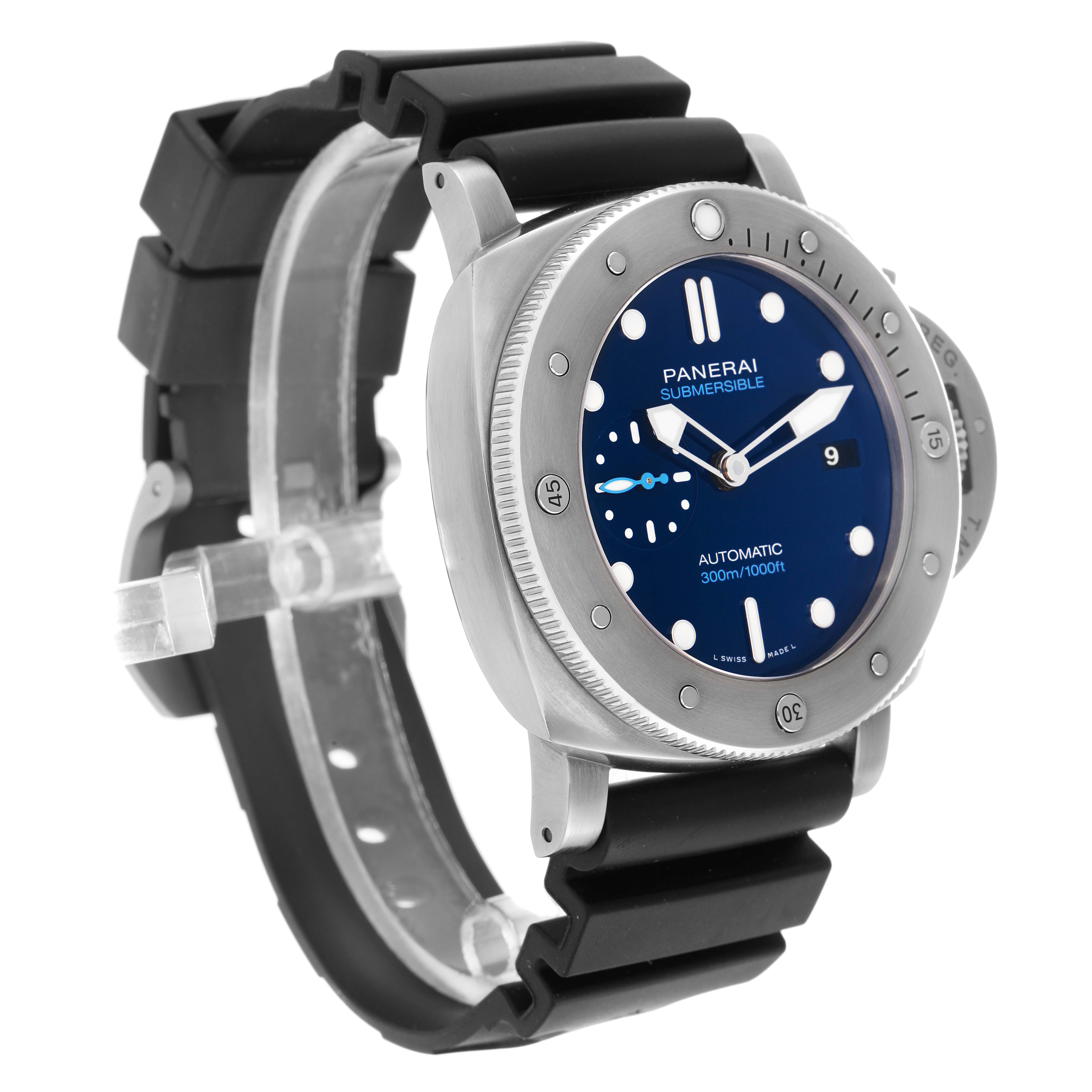 The image shows a Panerai Submersible PAM00692 Men's Titanium Blue Dial watch from a three-quarter angle, highlighting the bezel, dial, and rubber strap.