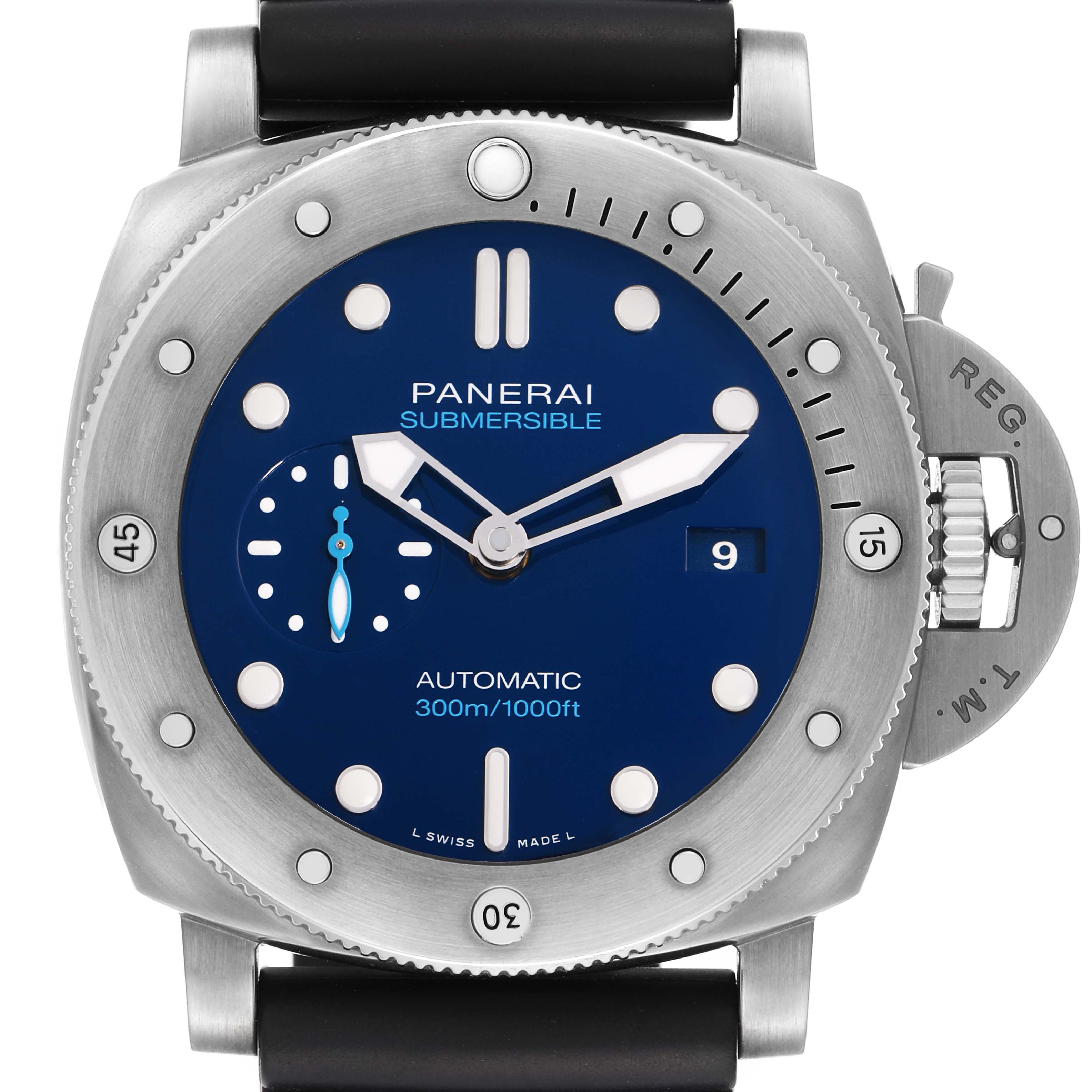 The Panerai Submersible PAM00692 Men's Titanium Blue Dial watch is shown from the front, displaying its dial, bezel, and crown guard prominently.