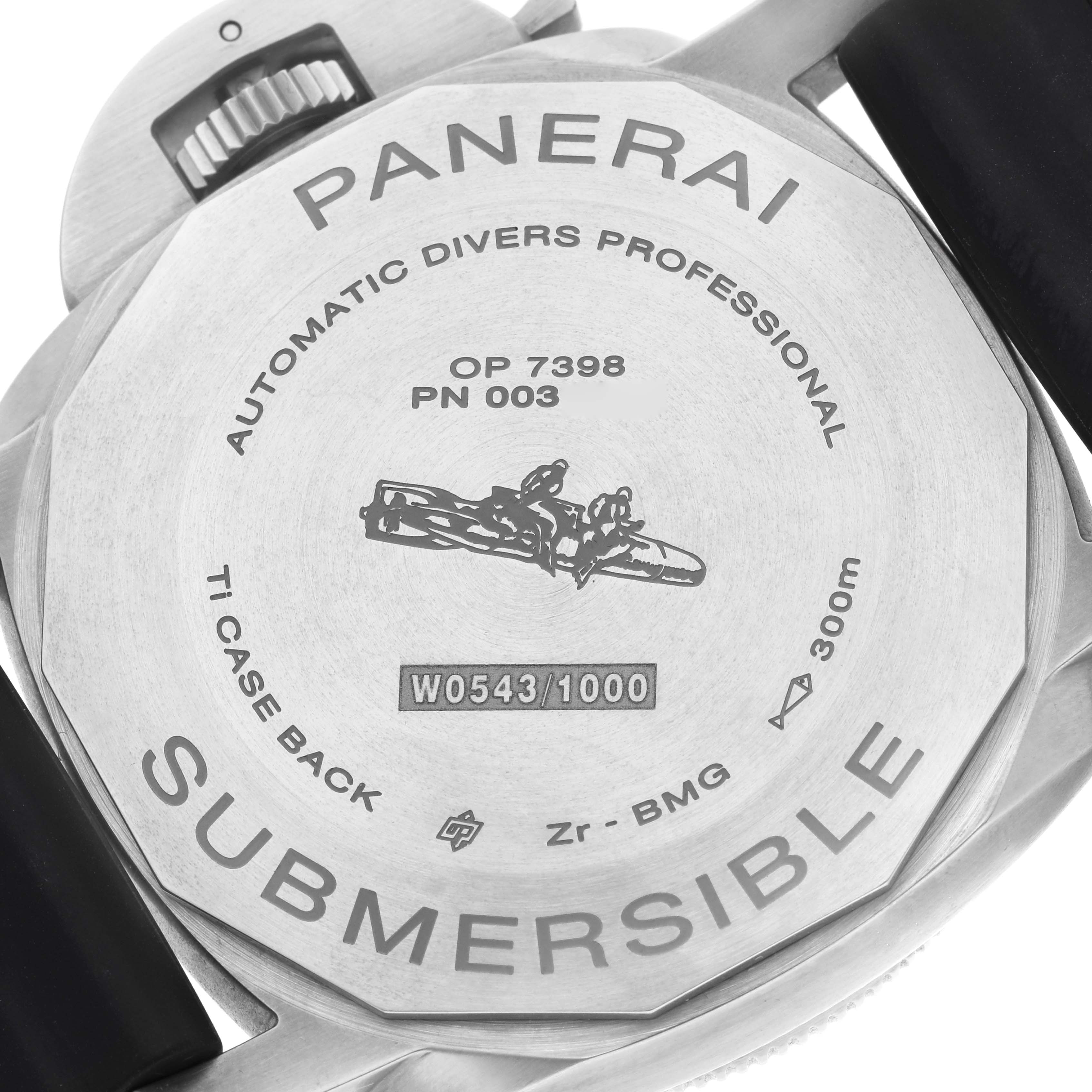 This image shows the case back of a Panerai Submersible PAM00692 Men's Titanium Blue Dial watch from a close-up angle.