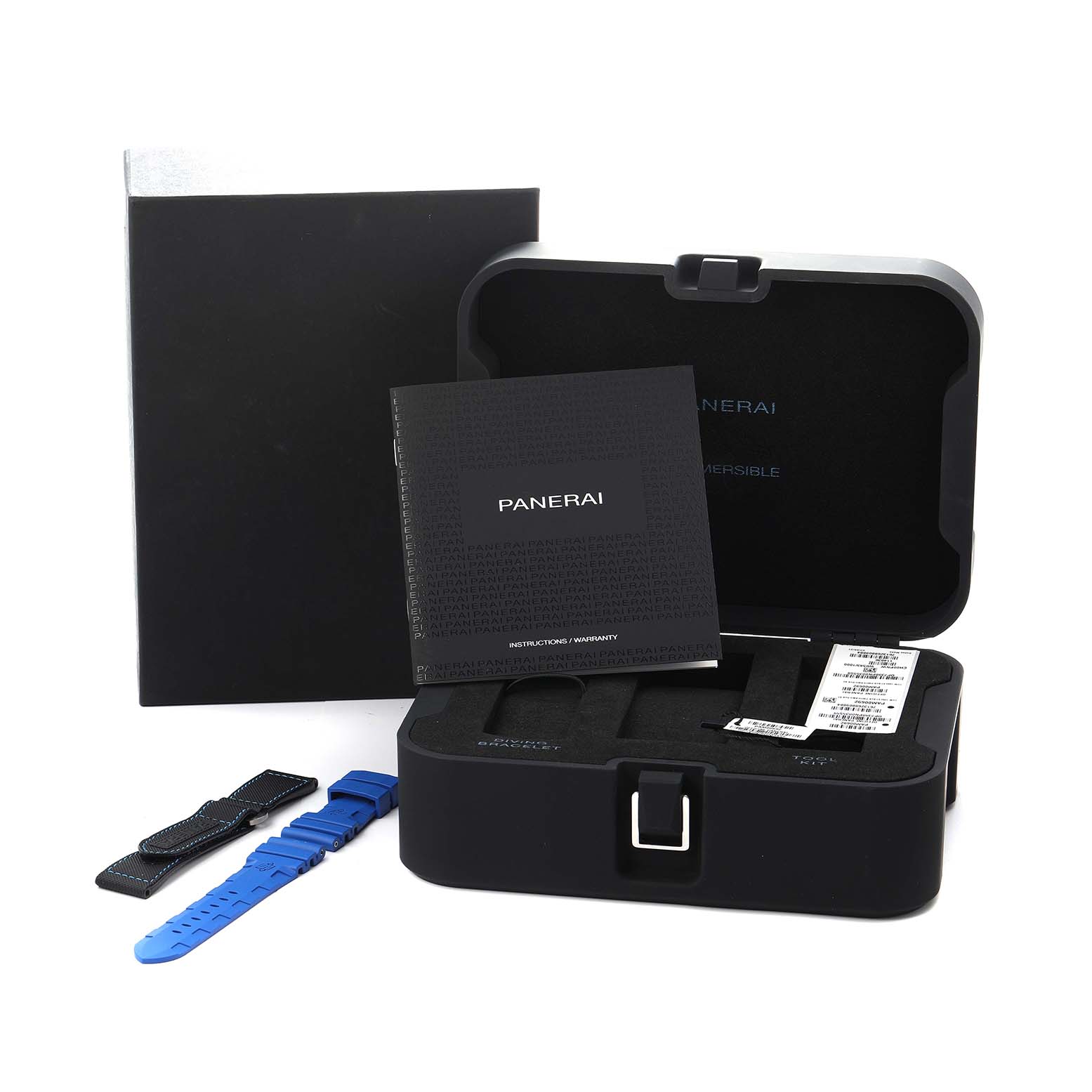 The image shows a Panerai Submersible PAM00692 Men's Titanium Blue Dial watch packaging with straps, manual, and case from a front angle.