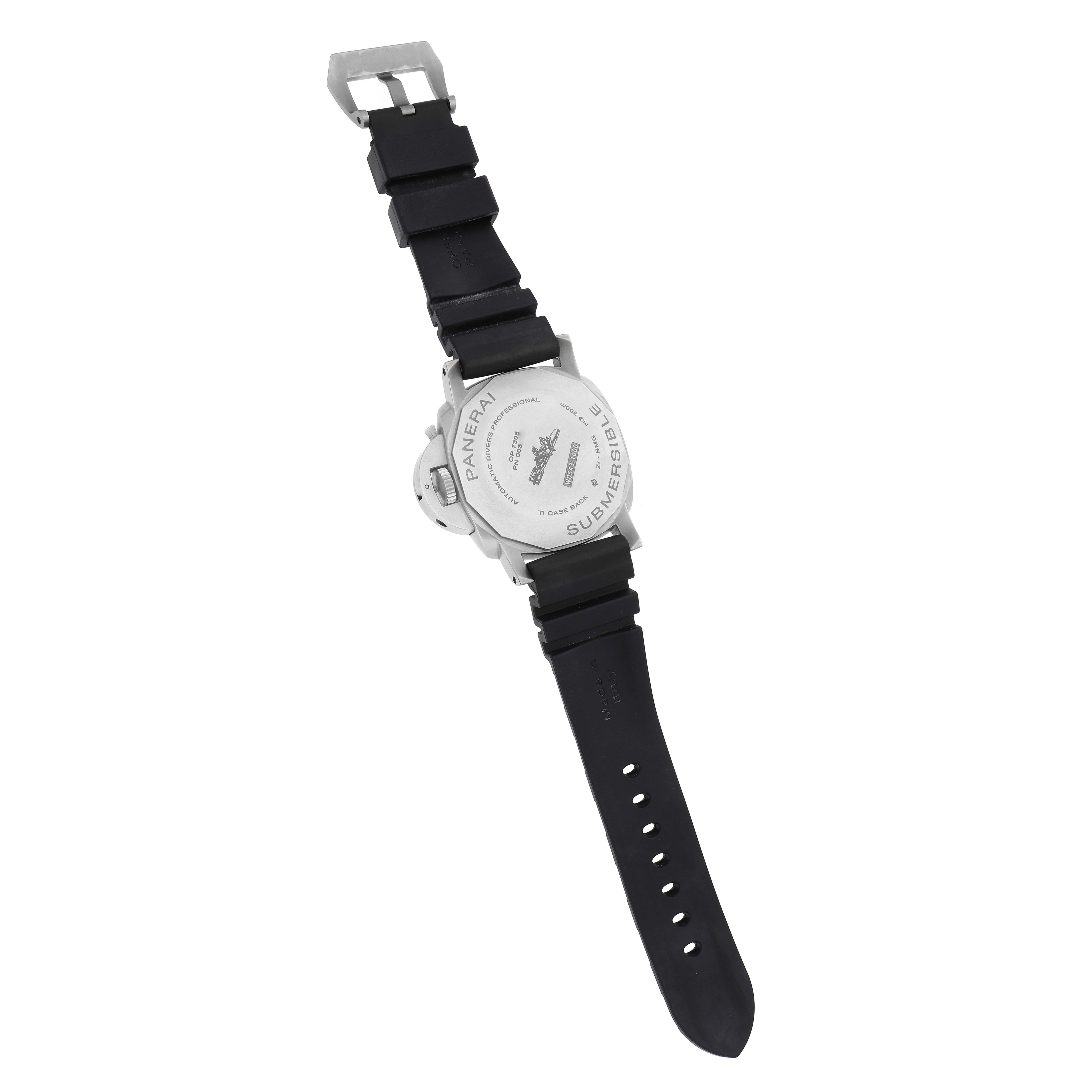 The Panerai Submersible PAM00692 Men's Titanium Blue Dial watch is shown from the back, displaying the case back and black rubber strap.