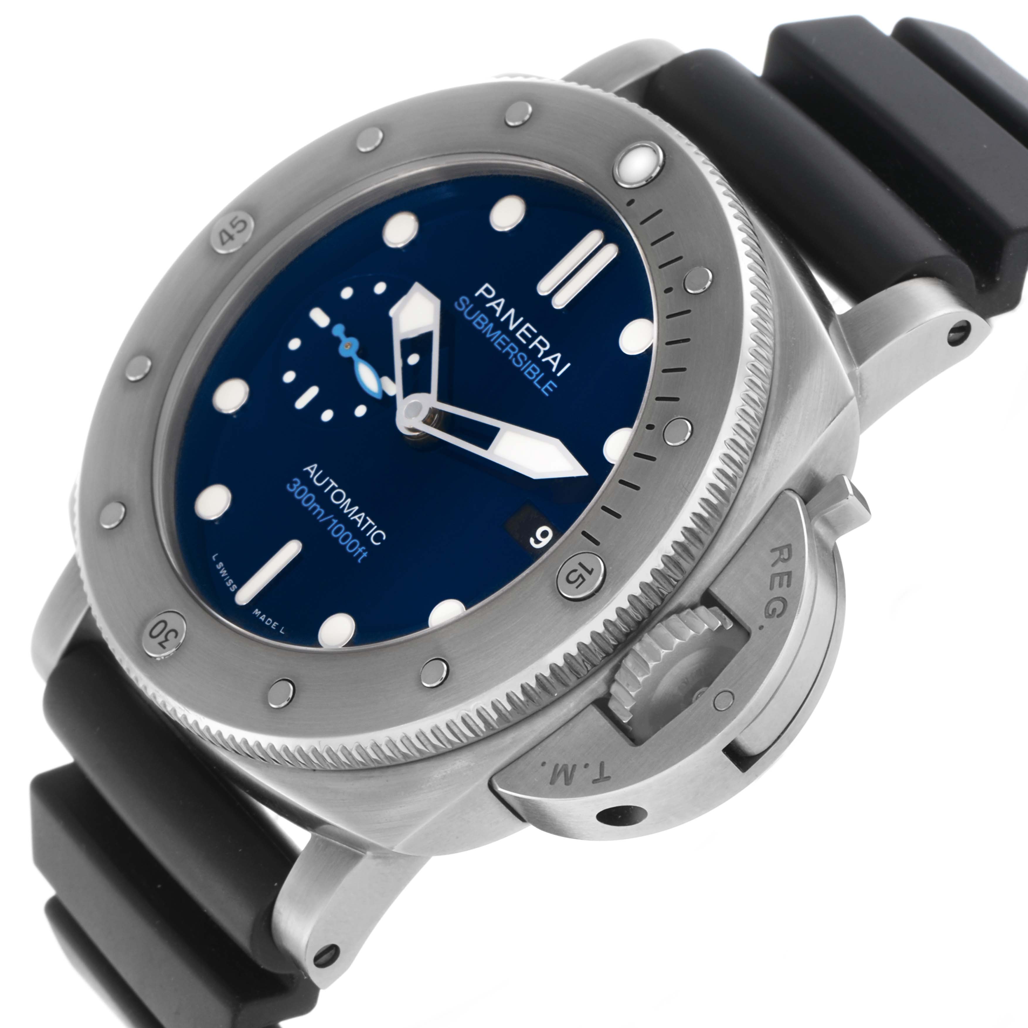 The Panerai Submersible PAM00692 Men's Titanium Blue Dial watch is shown from a slightly angled top view, highlighting the bezel, crown guard, and rubber strap.