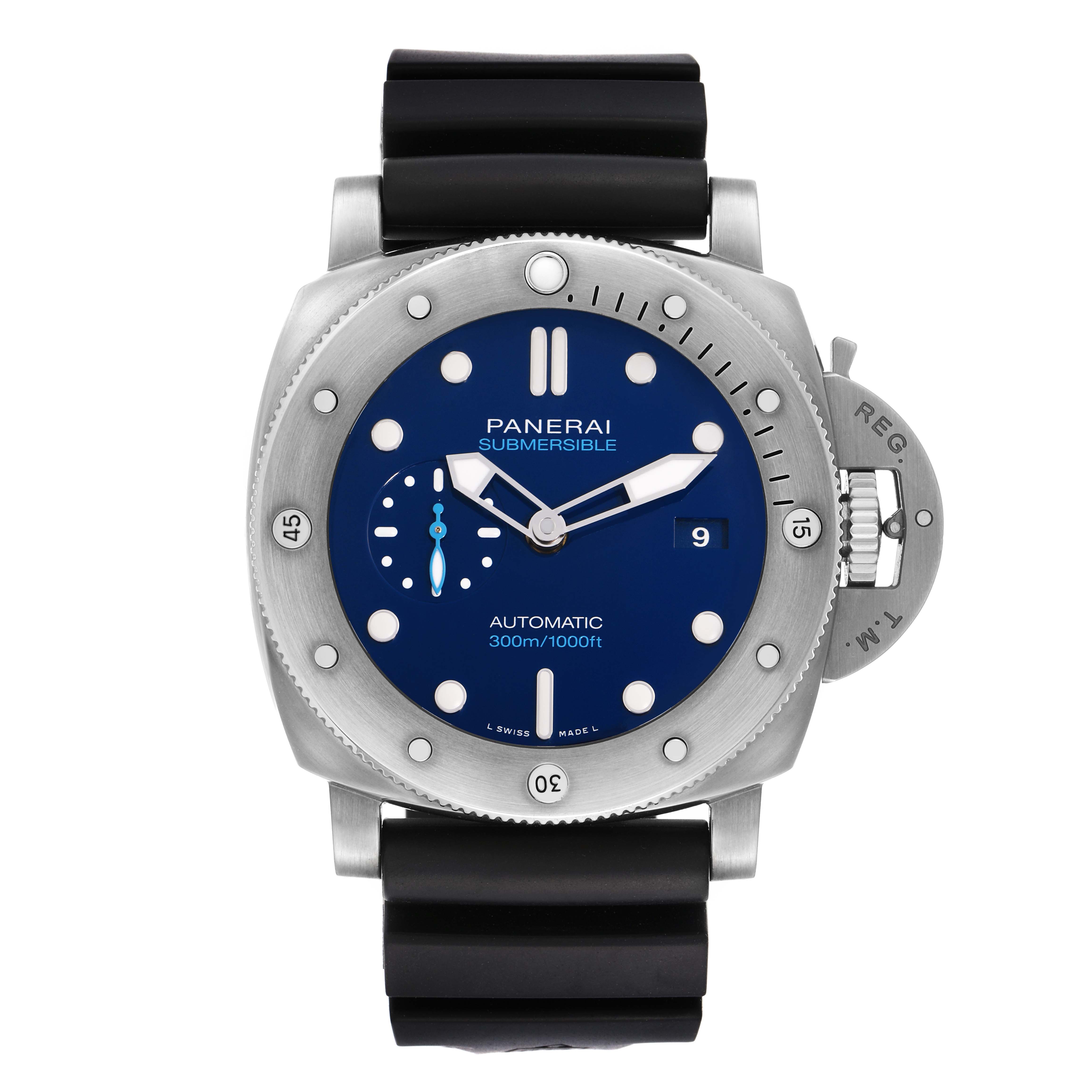 The Panerai Submersible PAM00692 Men's Titanium Blue Dial watch is shown from a front angle, highlighting the dial, bezel, and rubber strap.