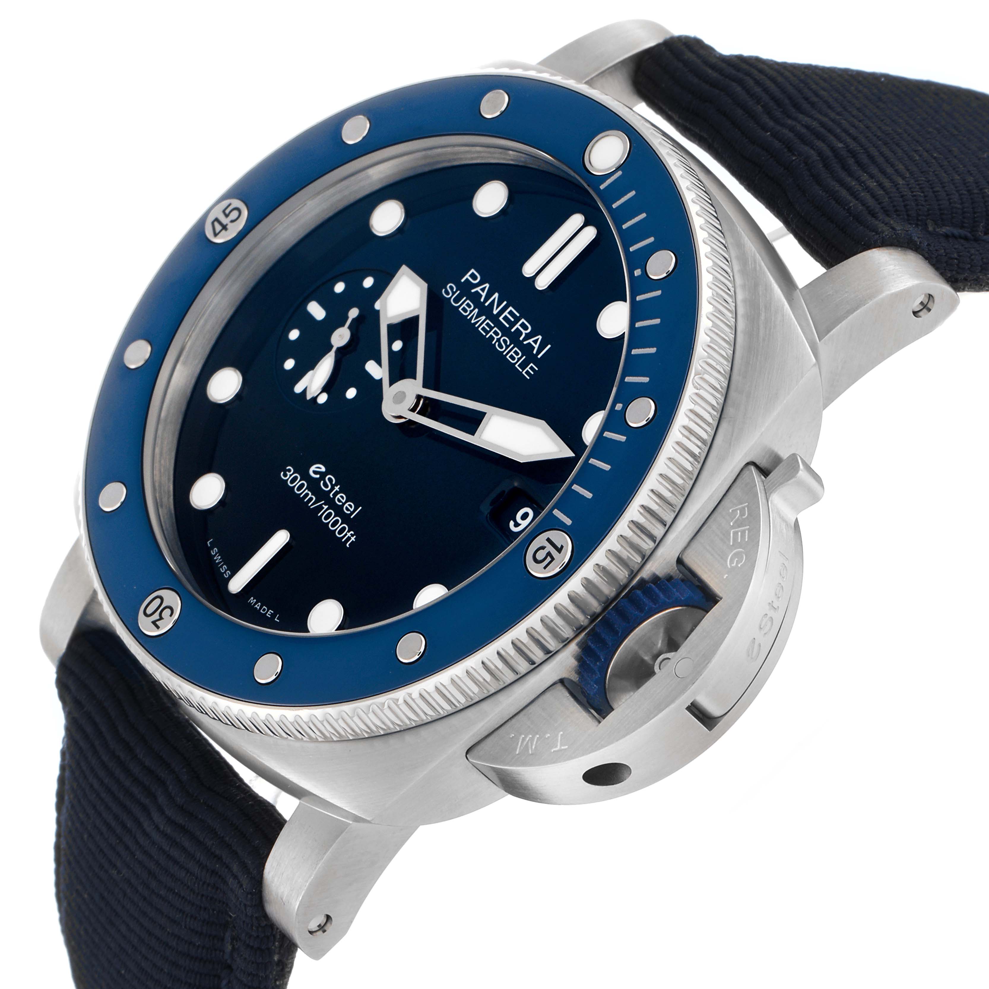 The Panerai Submersible PAM01289 Men's Stainless Steel Blue Dial watch is shown at an angled side view, displaying the dial, bezel, and crown guard.