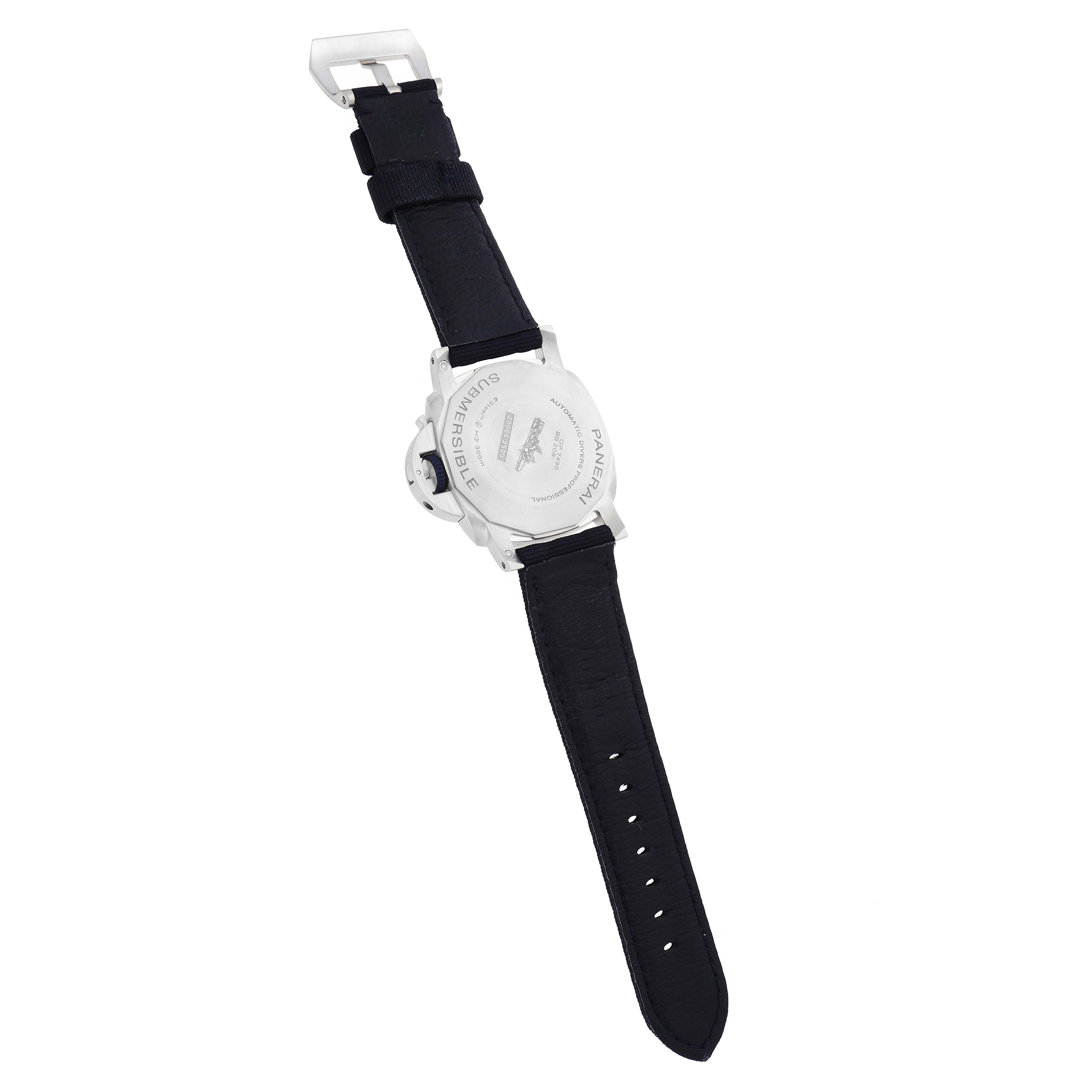 The image shows the back of a Panerai Submersible PAM01289 Men's Stainless Steel Blue Dial watch, featuring the case back, strap, and buckle from a slightly elevated angle.