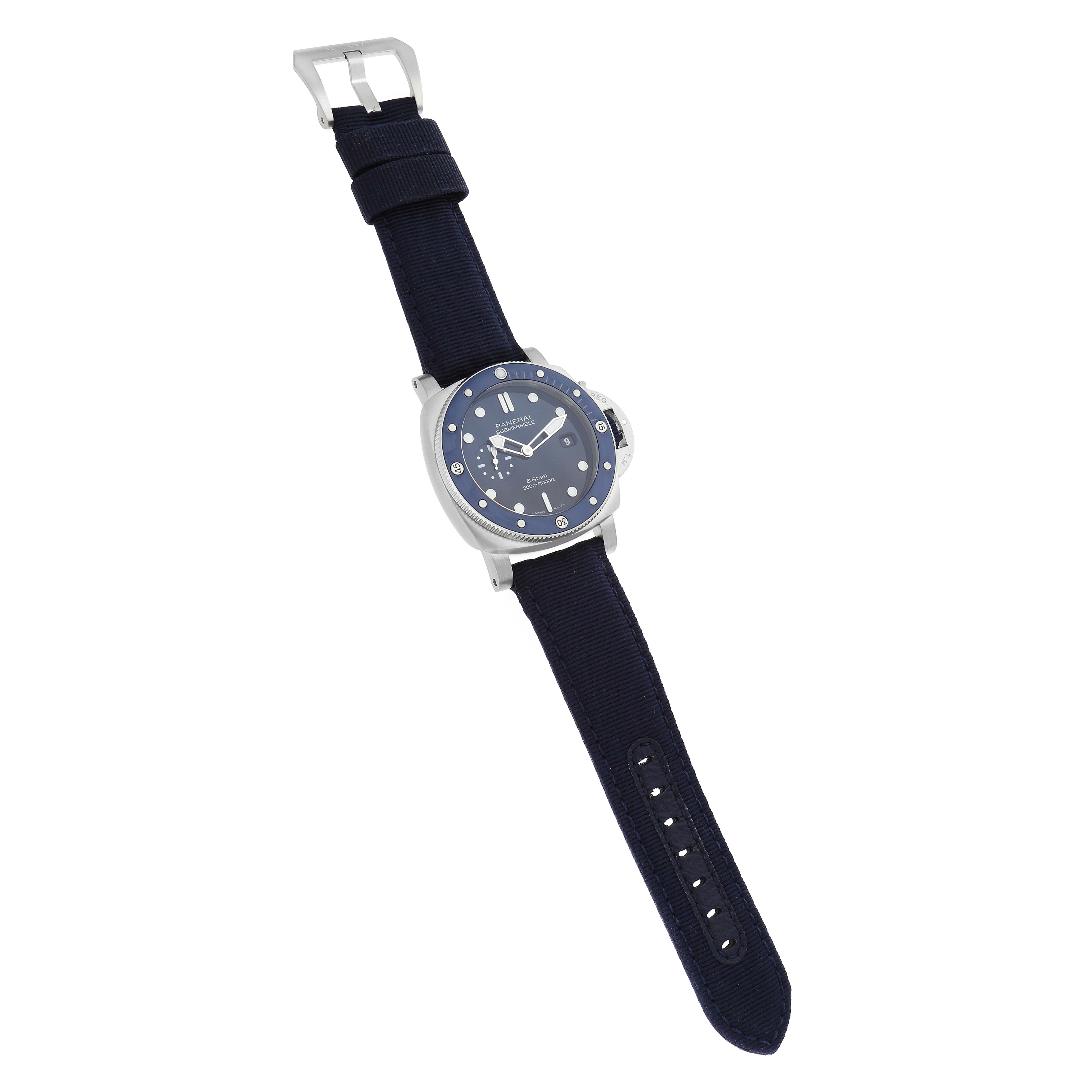 The Panerai Submersible PAM01289 Men's Stainless Steel Blue Dial watch is shown from a top-down angle, displaying the face, strap, and buckle.