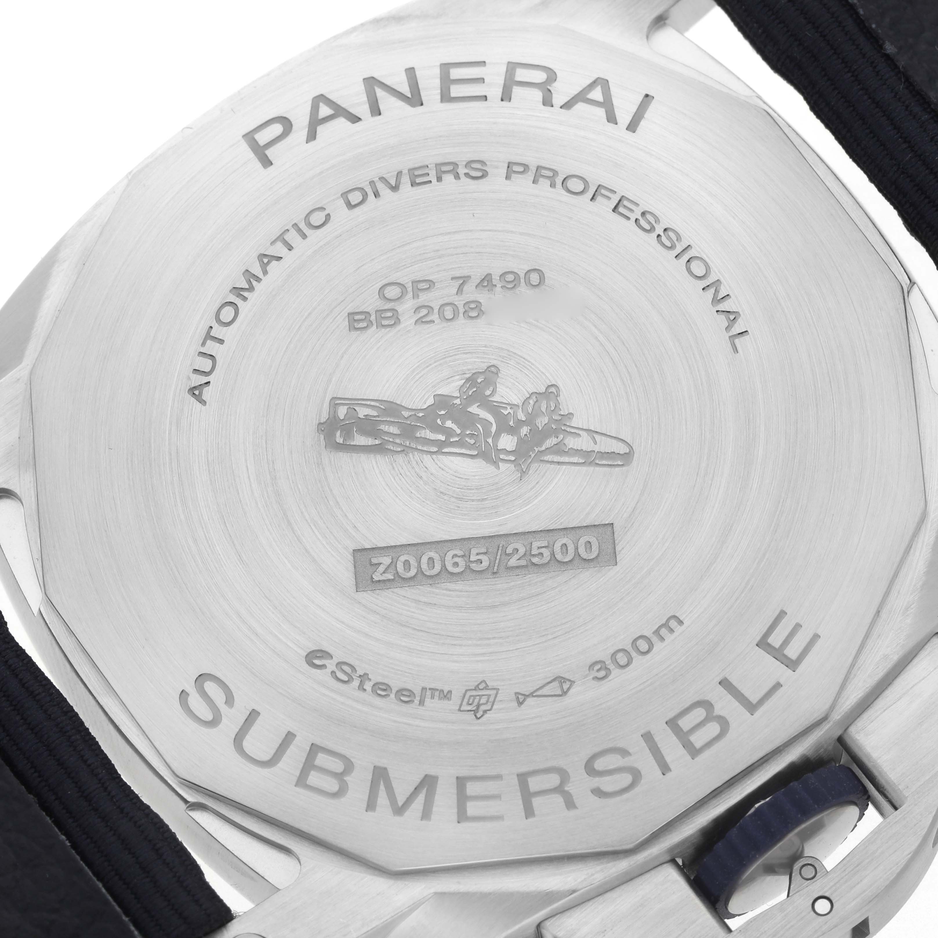 The image shows the case back of a Panerai Submersible PAM01289 Men's Stainless Steel Blue Dial watch, featuring engravings and a portion of the strap.