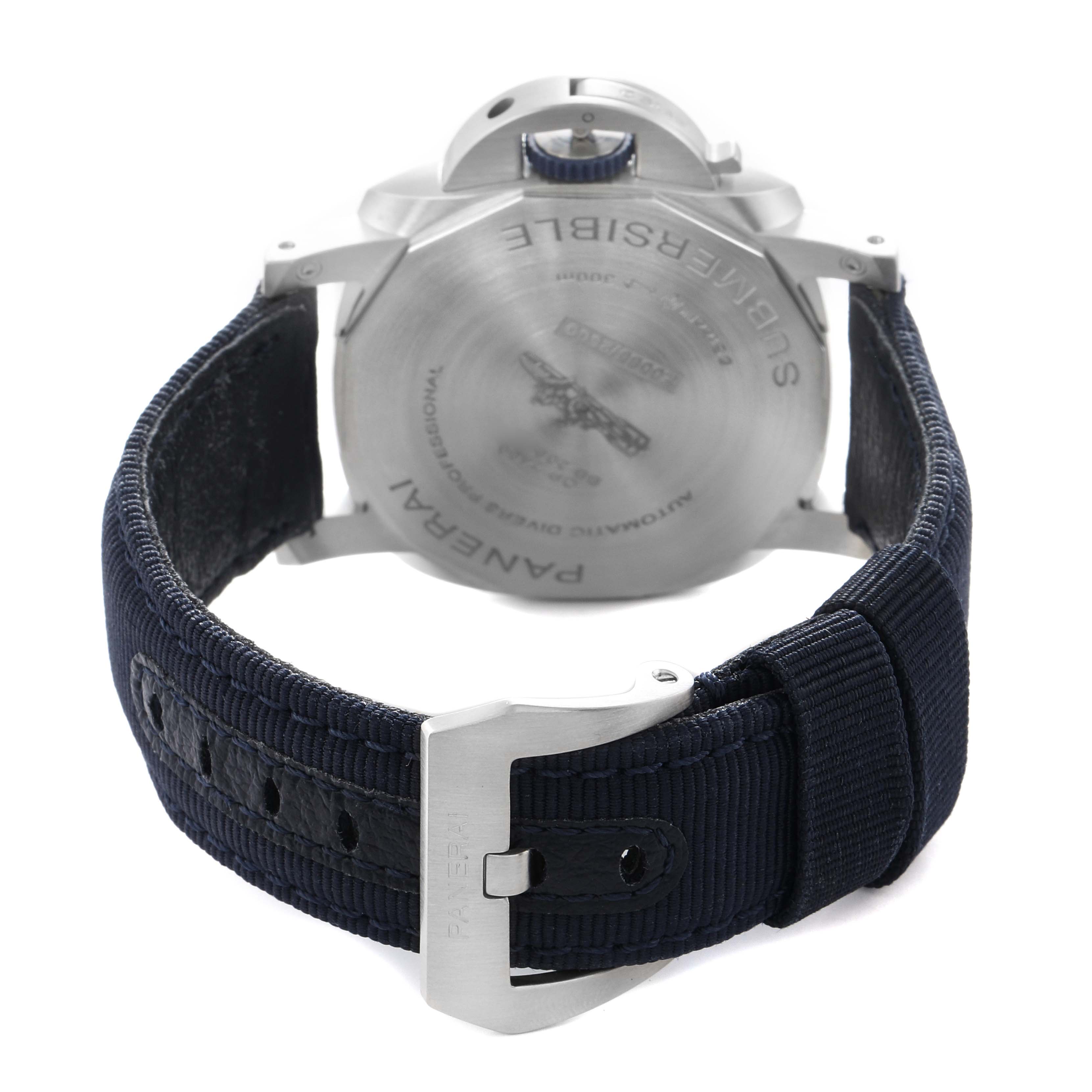 The image shows the back view of a Panerai Submersible PAM01289 Men's Stainless Steel Blue Dial watch, highlighting the case back and a navy strap with a buckle.