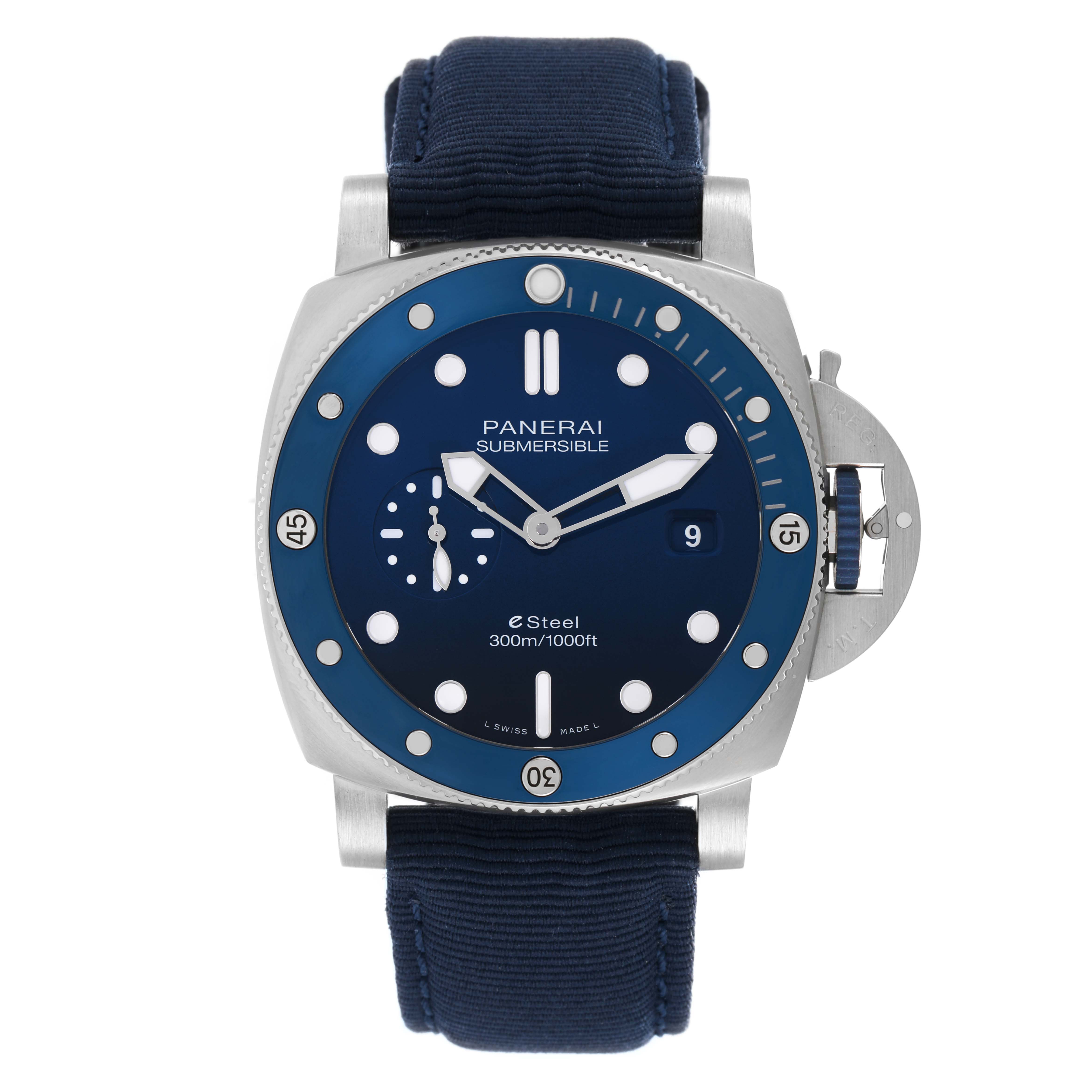 The Panerai Submersible PAM01289 Men's Stainless Steel Blue Dial watch is shown from a front angle, highlighting its blue dial, bezel, and fabric strap.