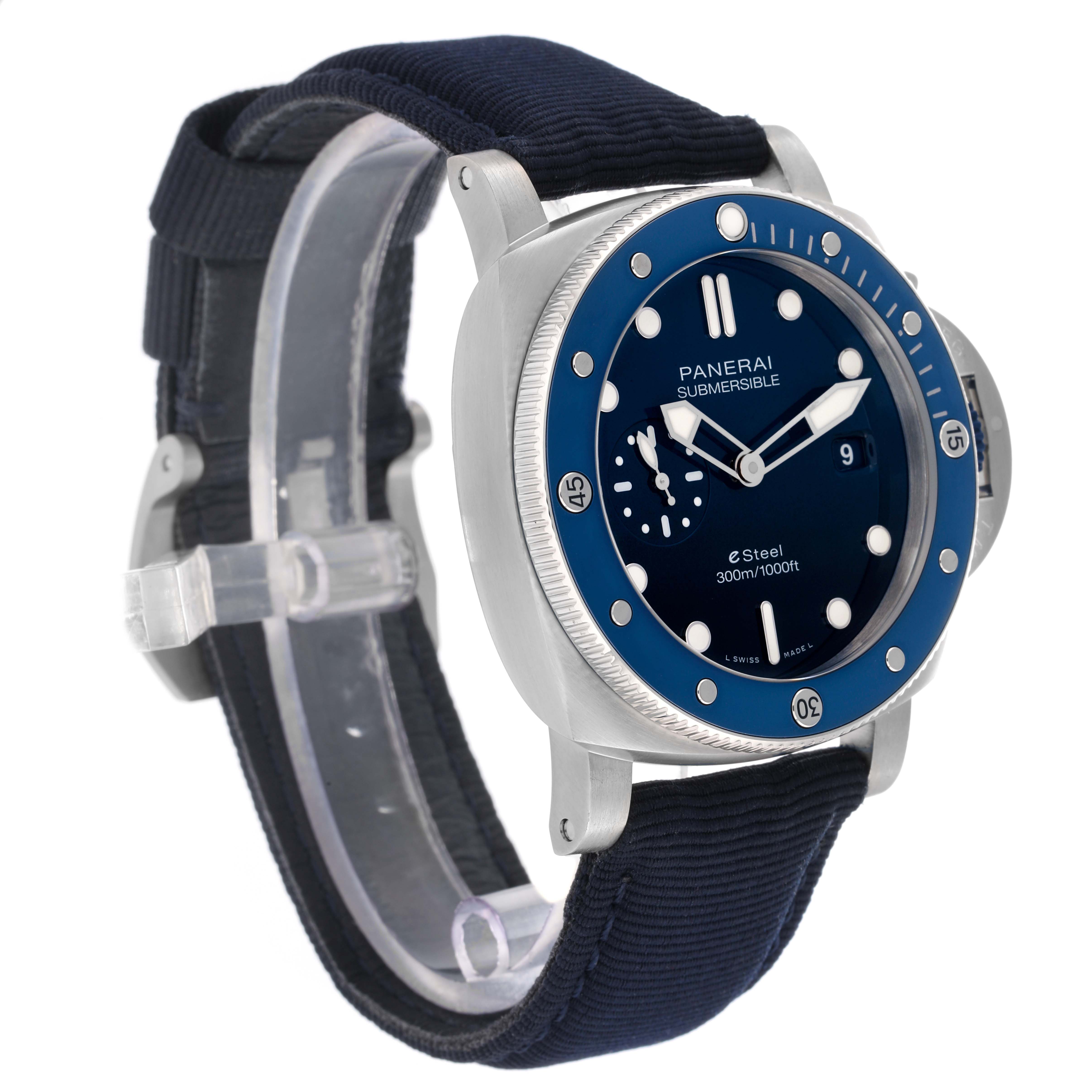 The Panerai Submersible PAM01289 Men's Stainless Steel Blue Dial watch is shown from a front-side angle, highlighting the dial, bezel, case, and strap.