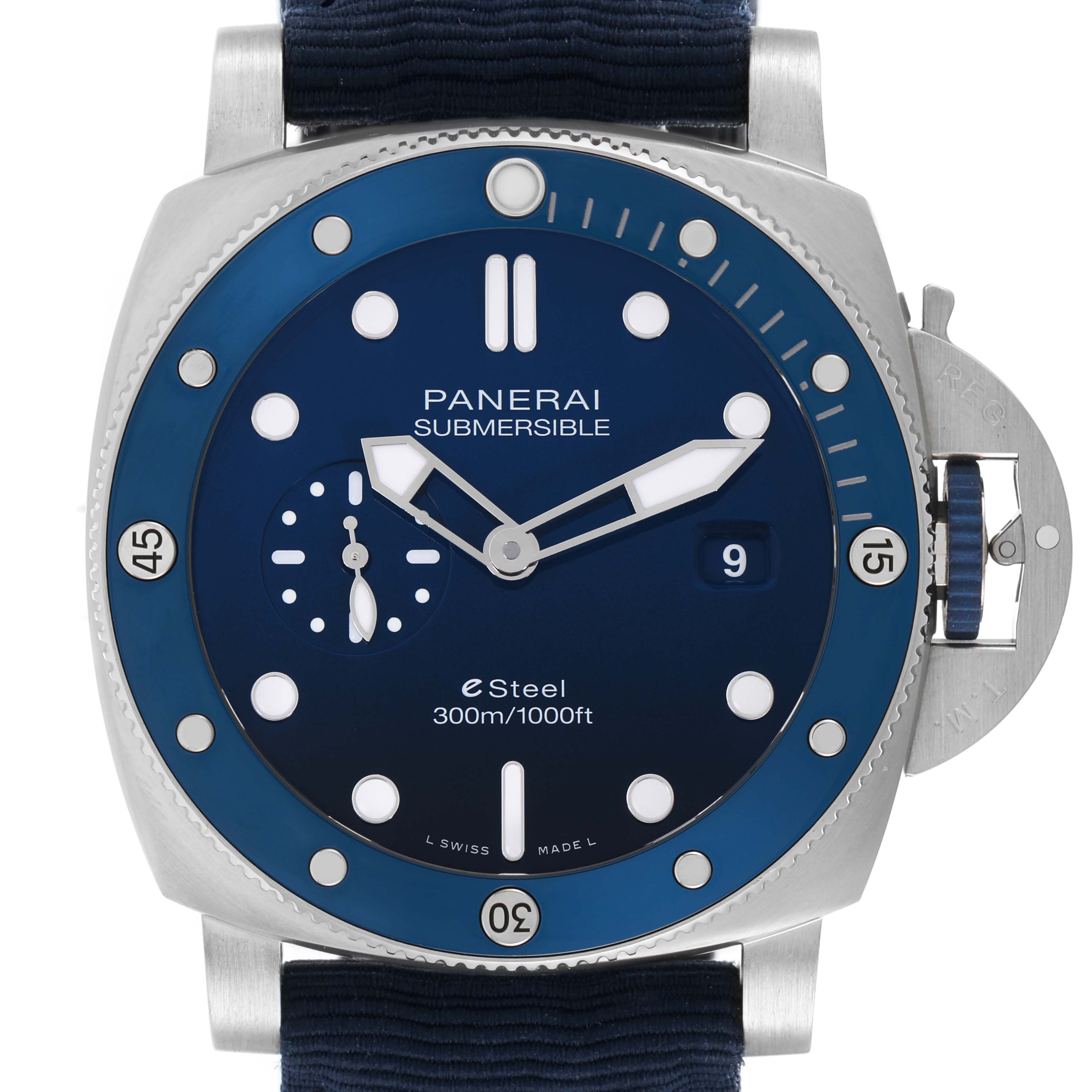 The Panerai Submersible PAM01289 Men's Stainless Steel Blue Dial watch is shown from the front, displaying the face, bezel, crown, and strap ends.
