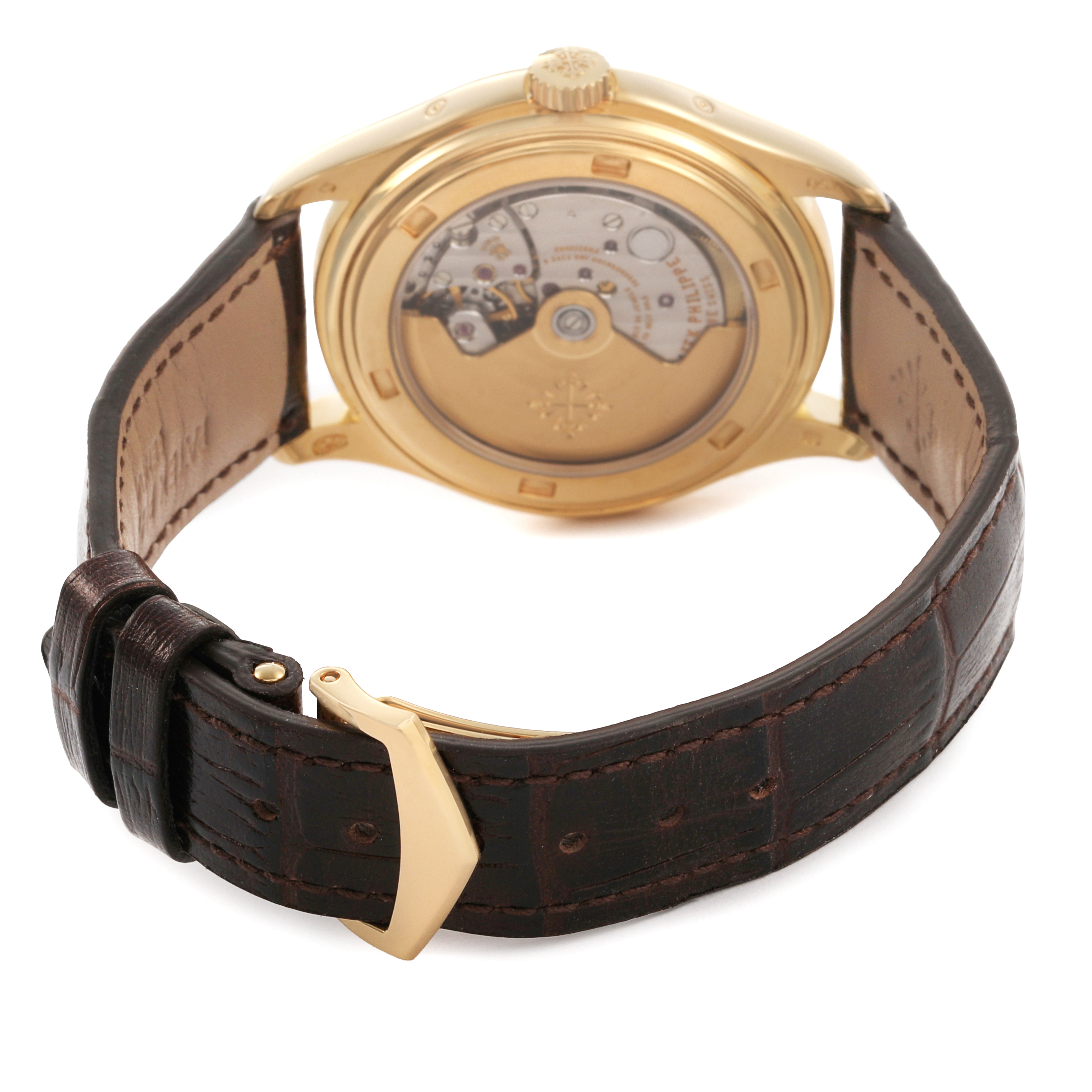 The image shows the back view of the Patek Philippe Complications 5146J Mens Yellow Gold White Dial watch, focusing on the exposed movement and clasp.