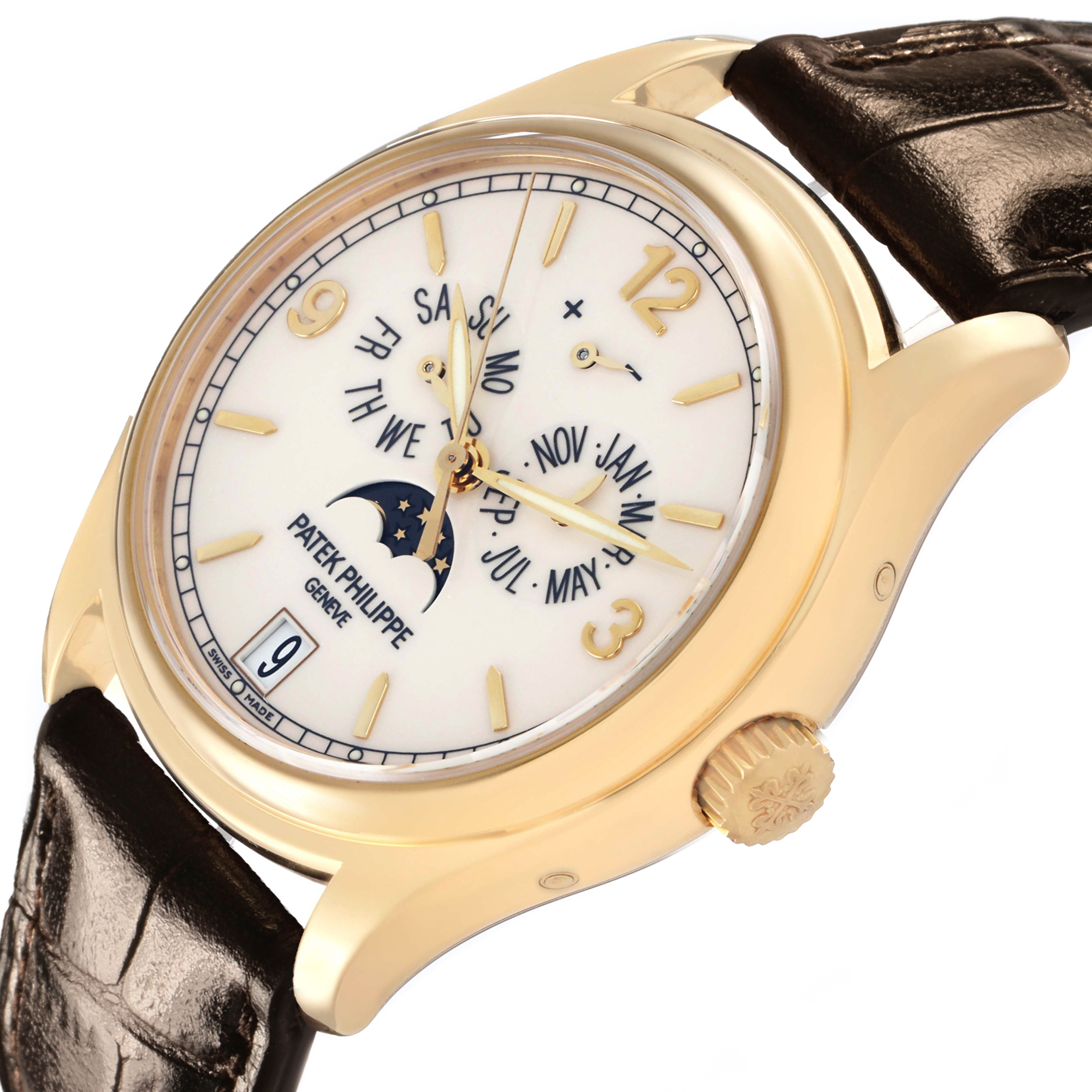 The Patek Philippe Complications 5146J Mens Yellow Gold White Dial watch is shown from an angled side view, highlighting the case, dial, and crown.