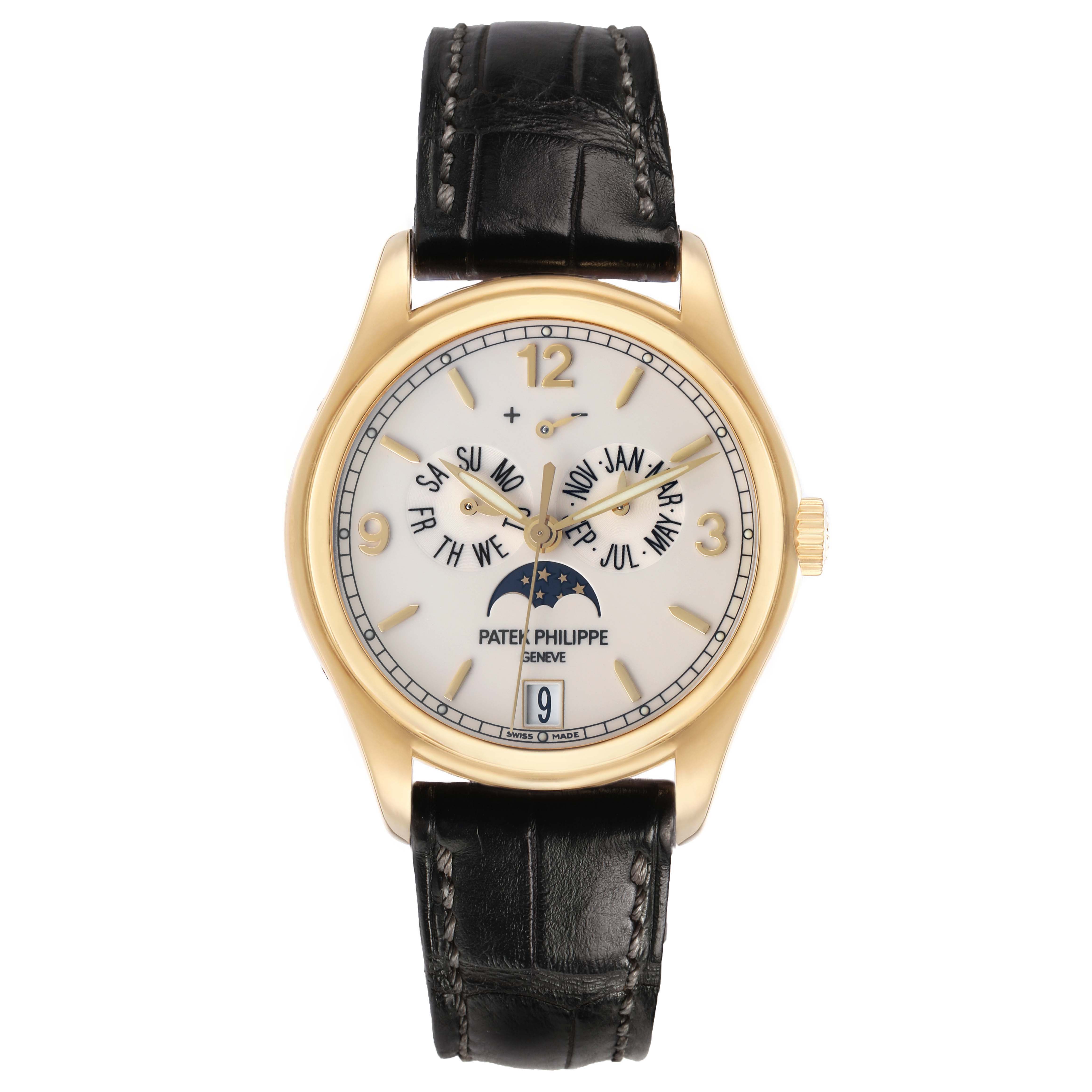 The Patek Philippe Complications 5146J Men's Yellow Gold White Dial watch is shown from the front, displaying the dial, moon phase, and calendar features.
