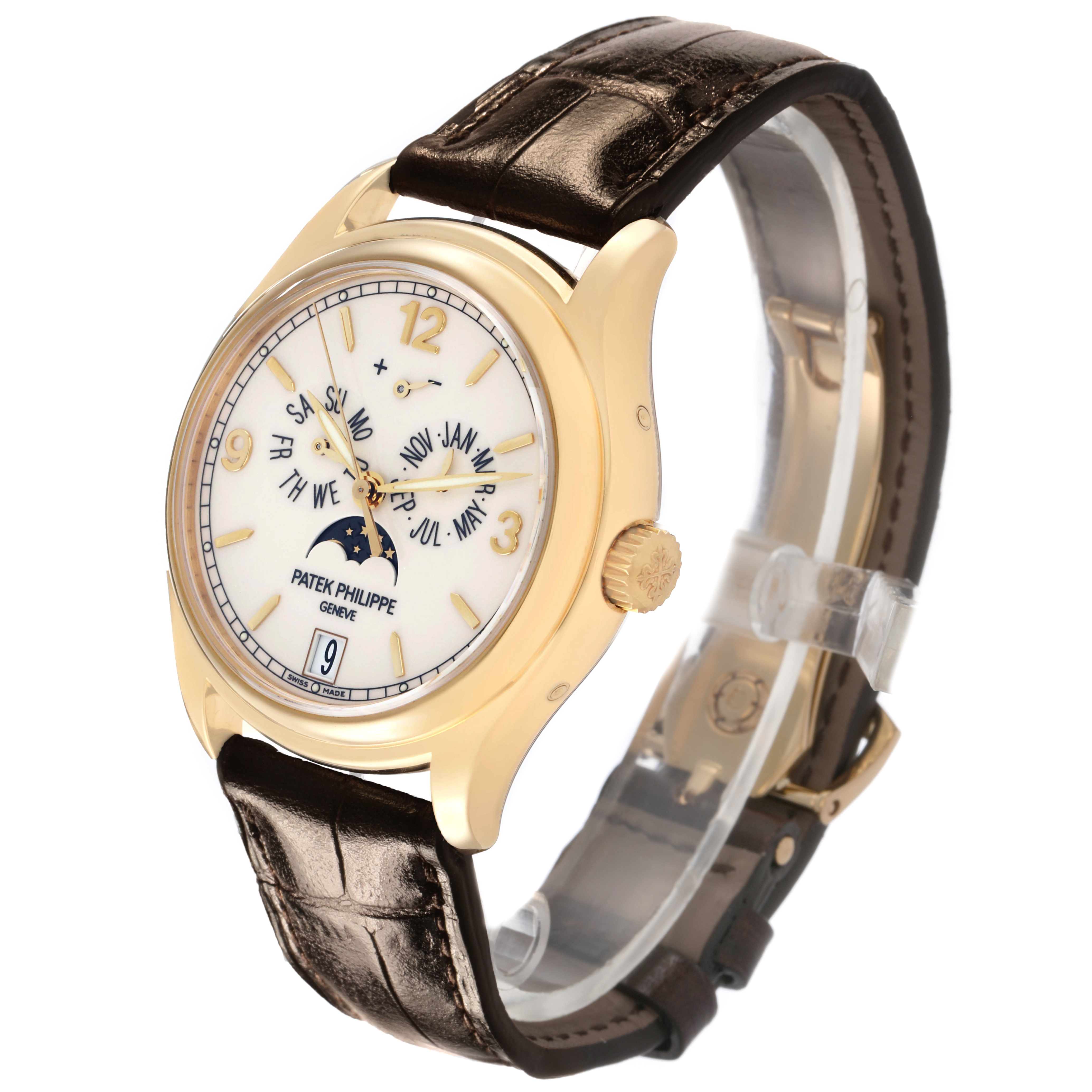 The Patek Philippe Complications 5146J Mens Yellow Gold White Dial watch is shown at a three-quarter angle, highlighting the dial, case, crown, and leather strap.
