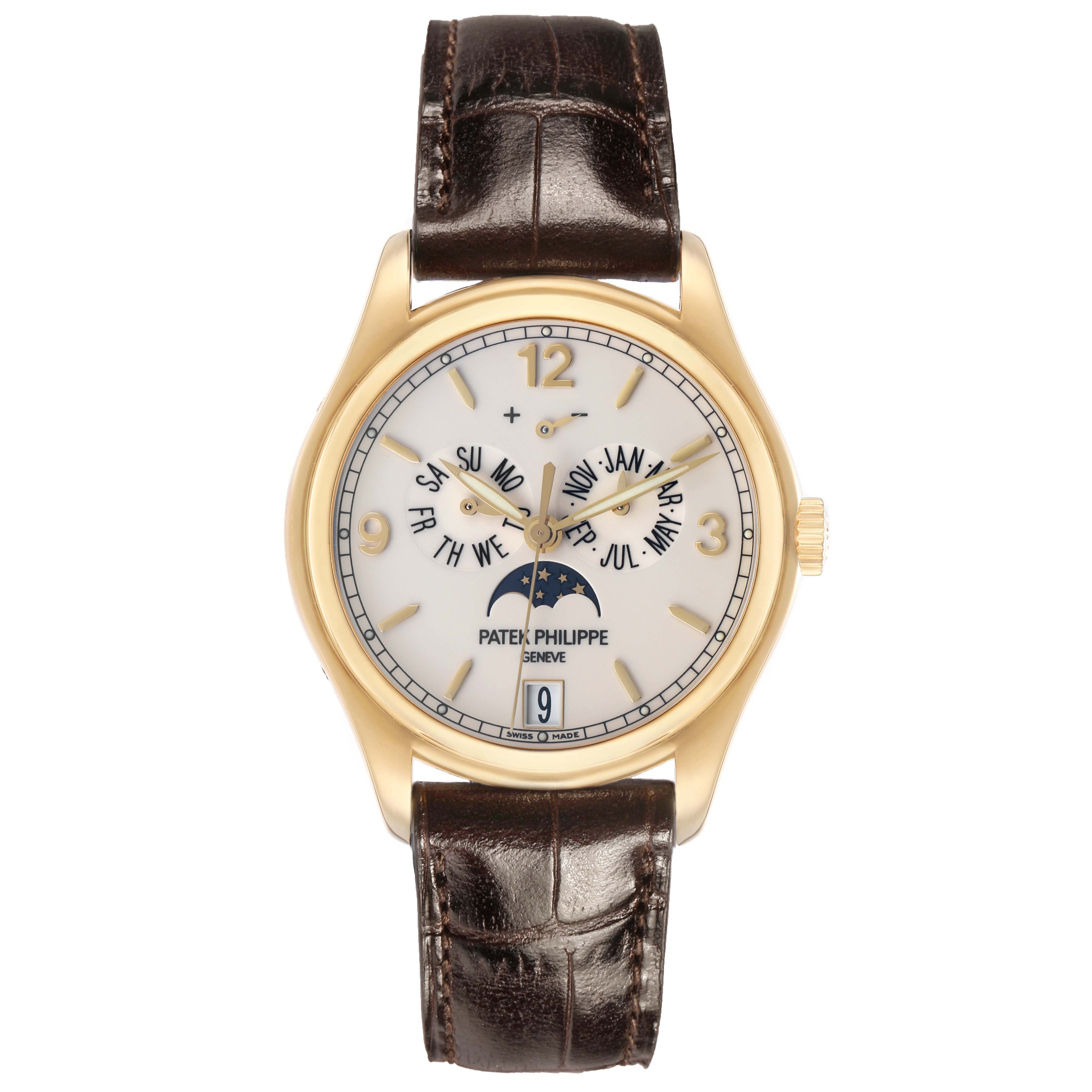 The Patek Philippe Complications 5146J Mens Yellow Gold White Dial watch is shown from the front, featuring a gold case, leather strap, and moon phase display.