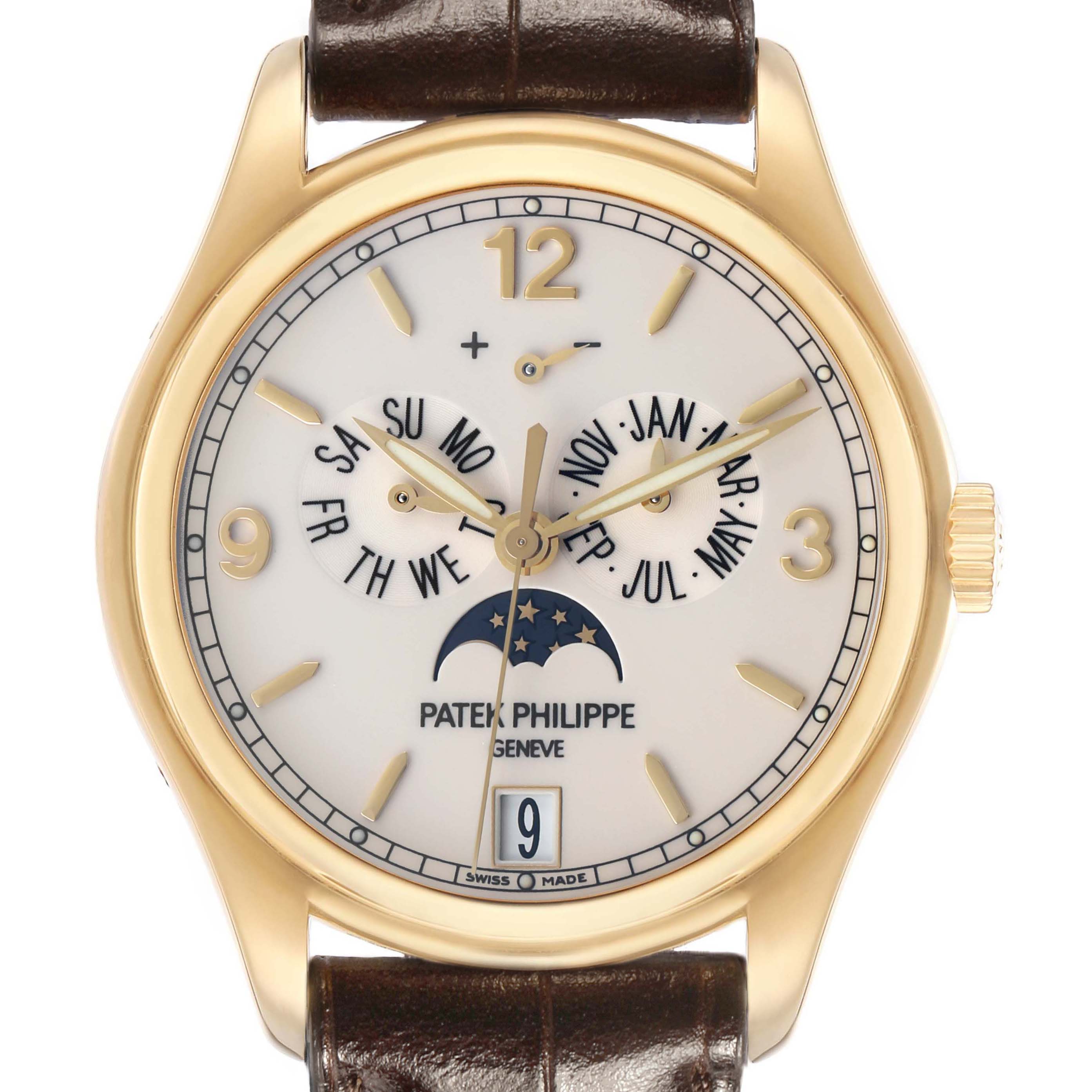 The Patek Philippe Complications 5146J Mens Yellow Gold White Dial watch is shown from a straight-on angle, highlighting the dial with moon phase, day, date, and month indicators.