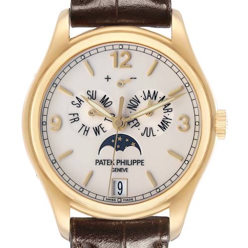 The angle shows the front of the Patek Philippe Complications 5146J Men's Yellow Gold White Dial watch, highlighting the dial, moon phase, and day-date features.