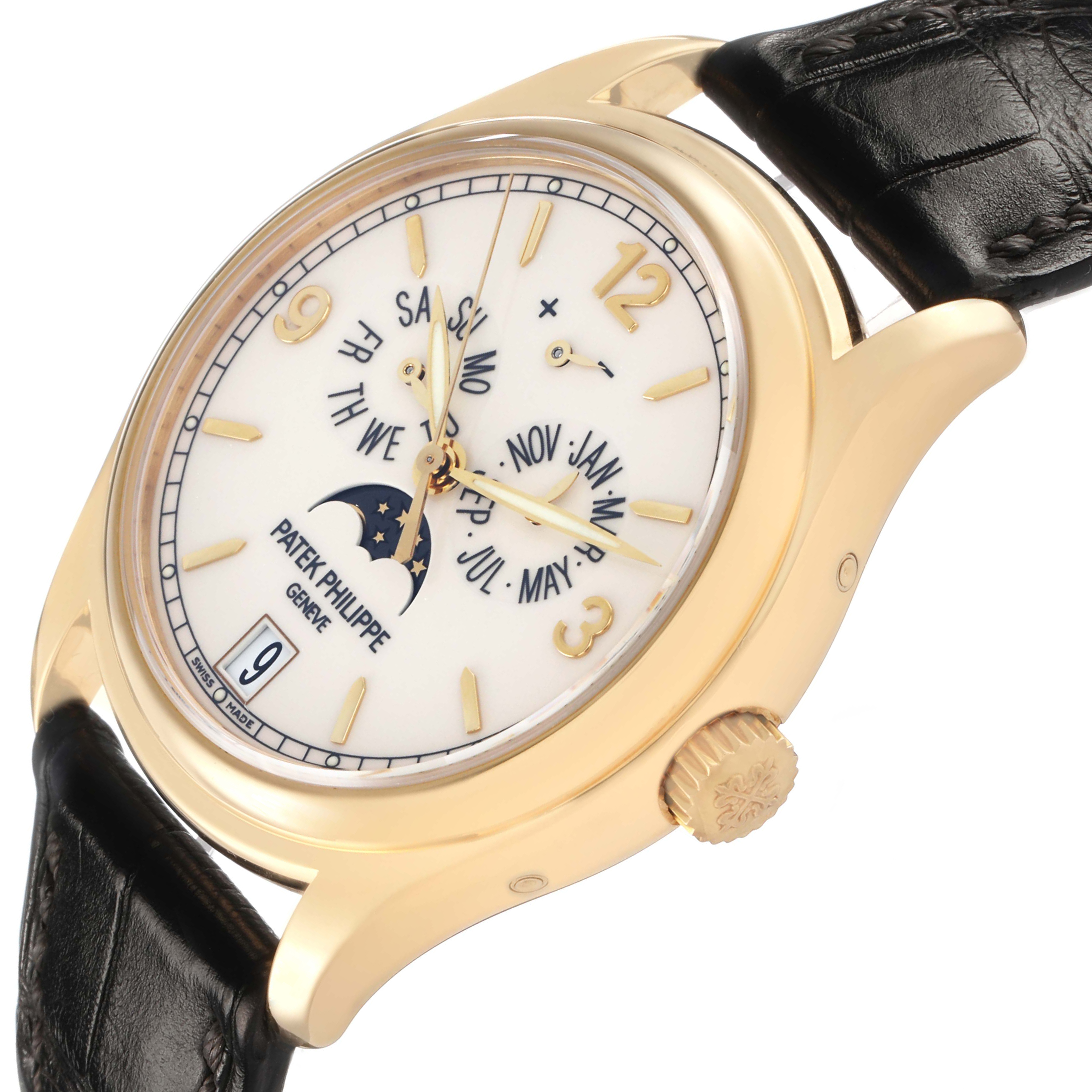 The Patek Philippe Complications 5146J Men's Yellow Gold White Dial watch is shown at an angle highlighting the dial, case, crown, and leather strap.