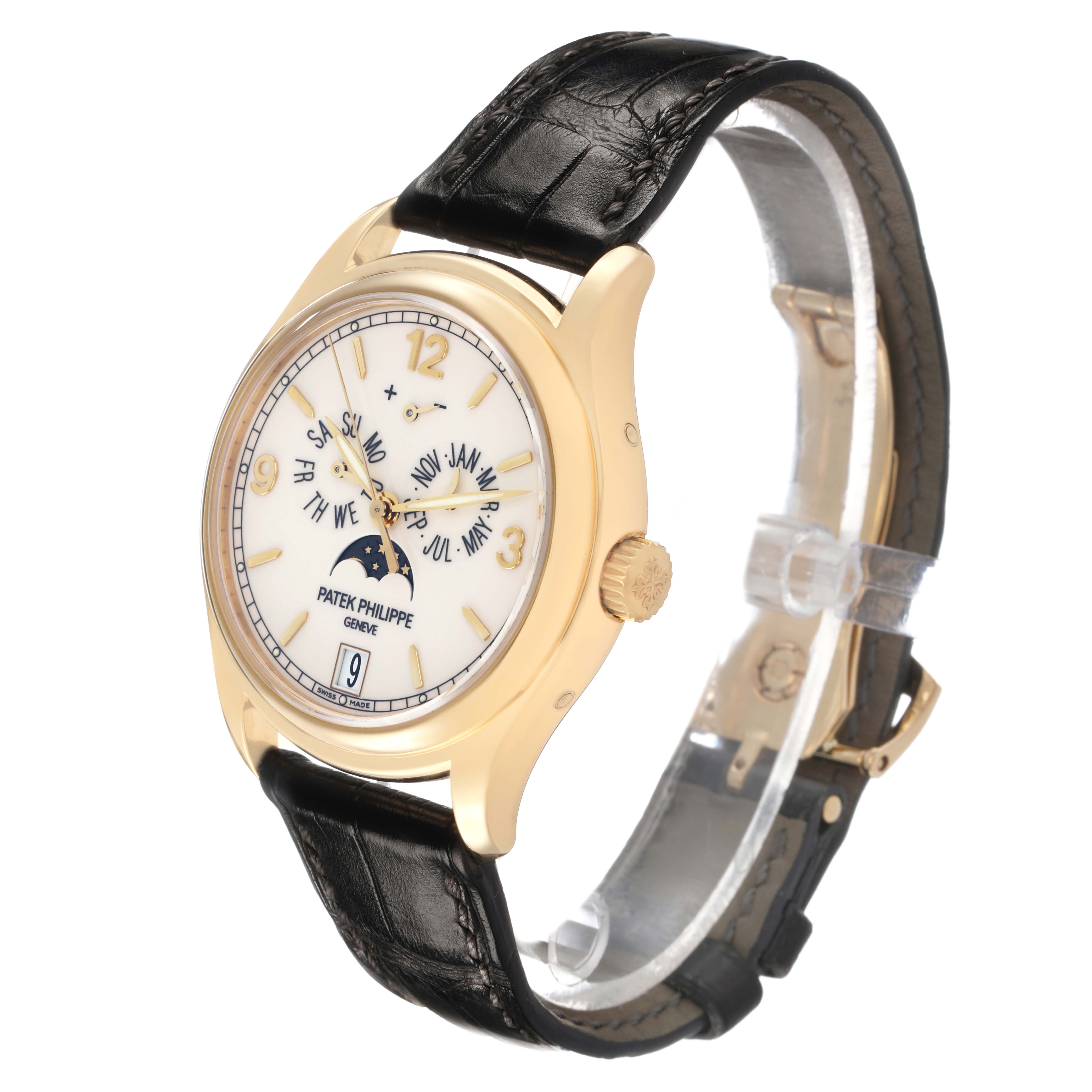 The Patek Philippe Complications 5146J Men's Yellow Gold White Dial watch is shown from a front angle, displaying the face, strap, and crown.
