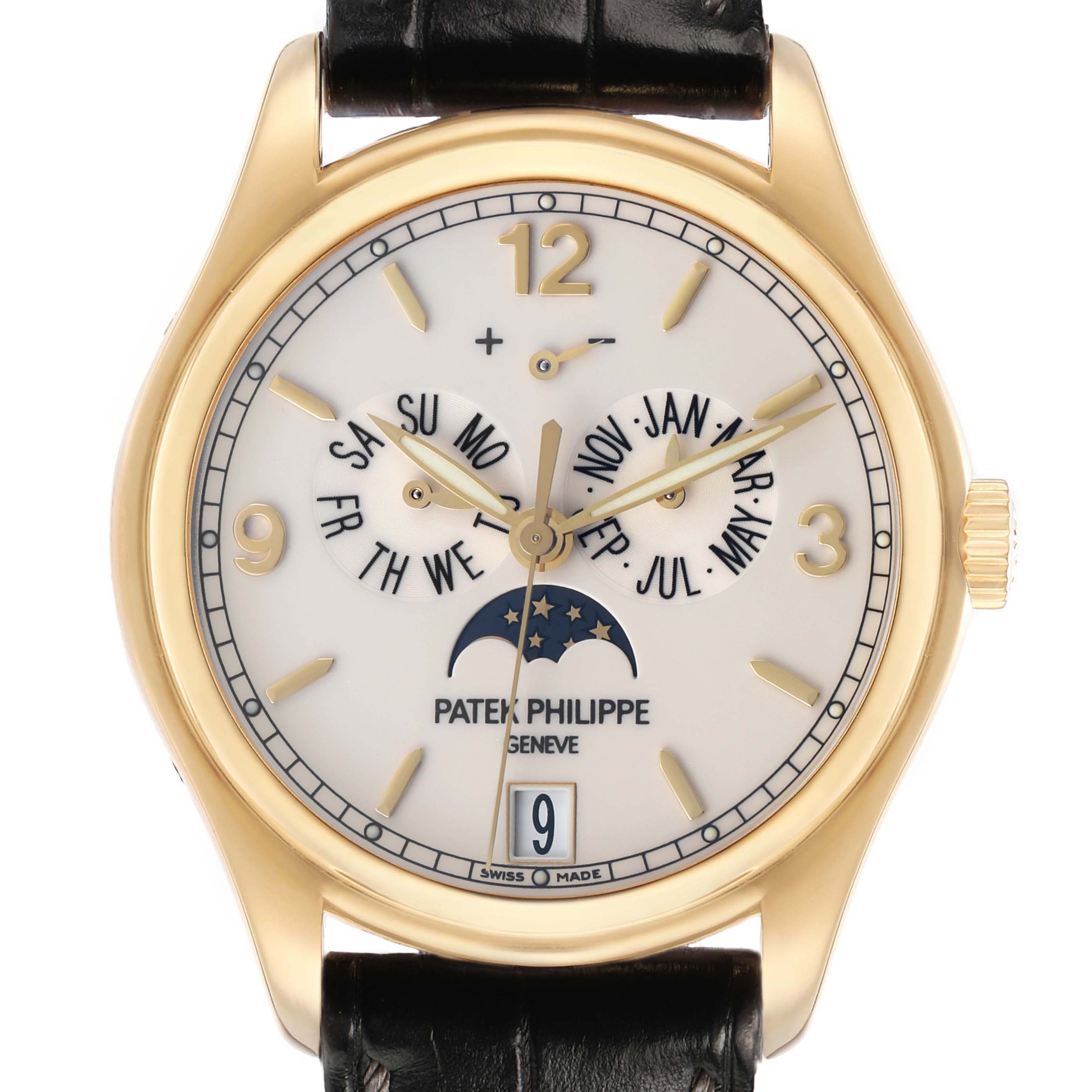The Patek Philippe Complications 5146J Men's Yellow Gold White Dial watch is shown from a front angle, displaying its dial, complications, and black leather strap.