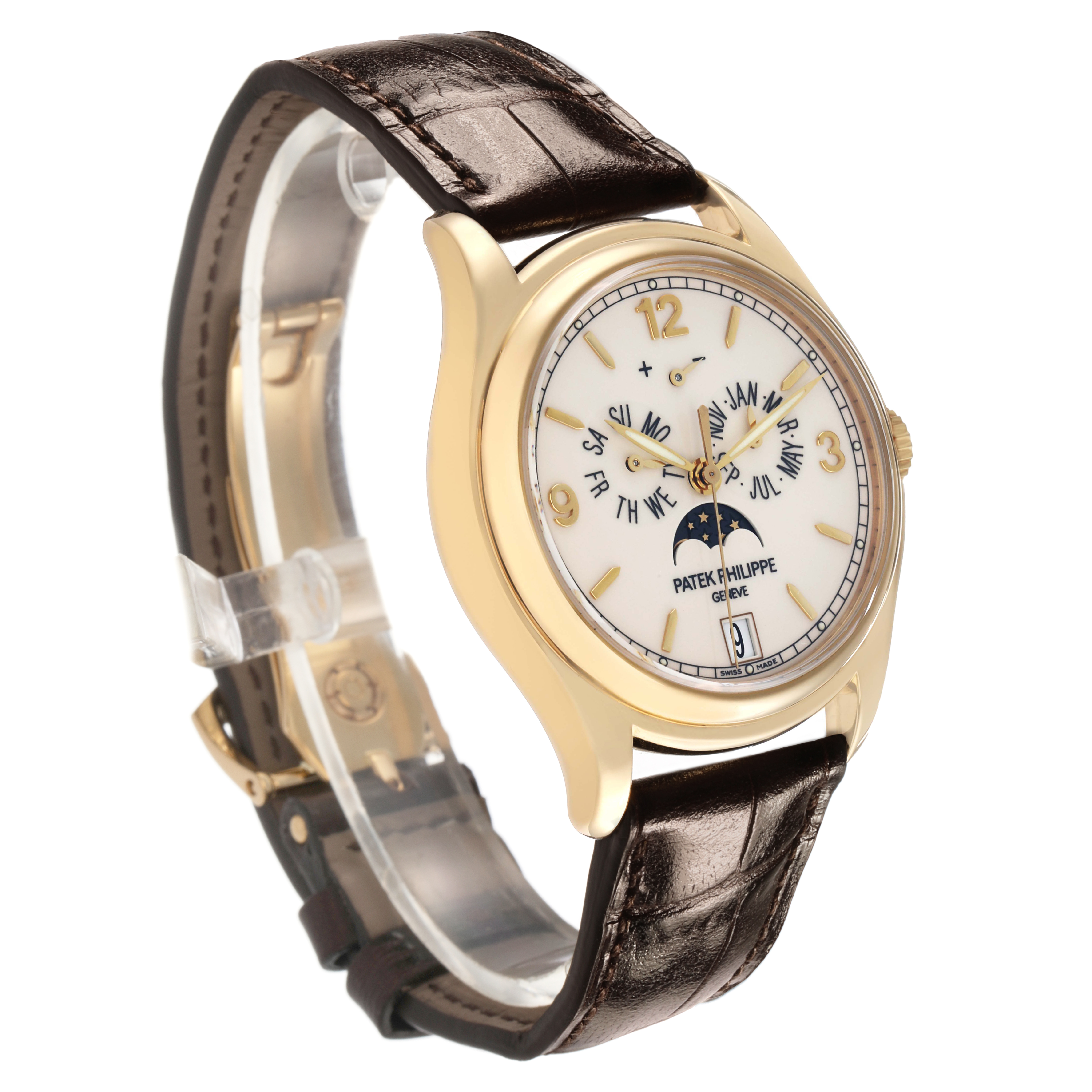 The Patek Philippe Complications 5146J Mens Yellow Gold White Dial watch is shown at a three-quarter angle, highlighting its face and leather strap.