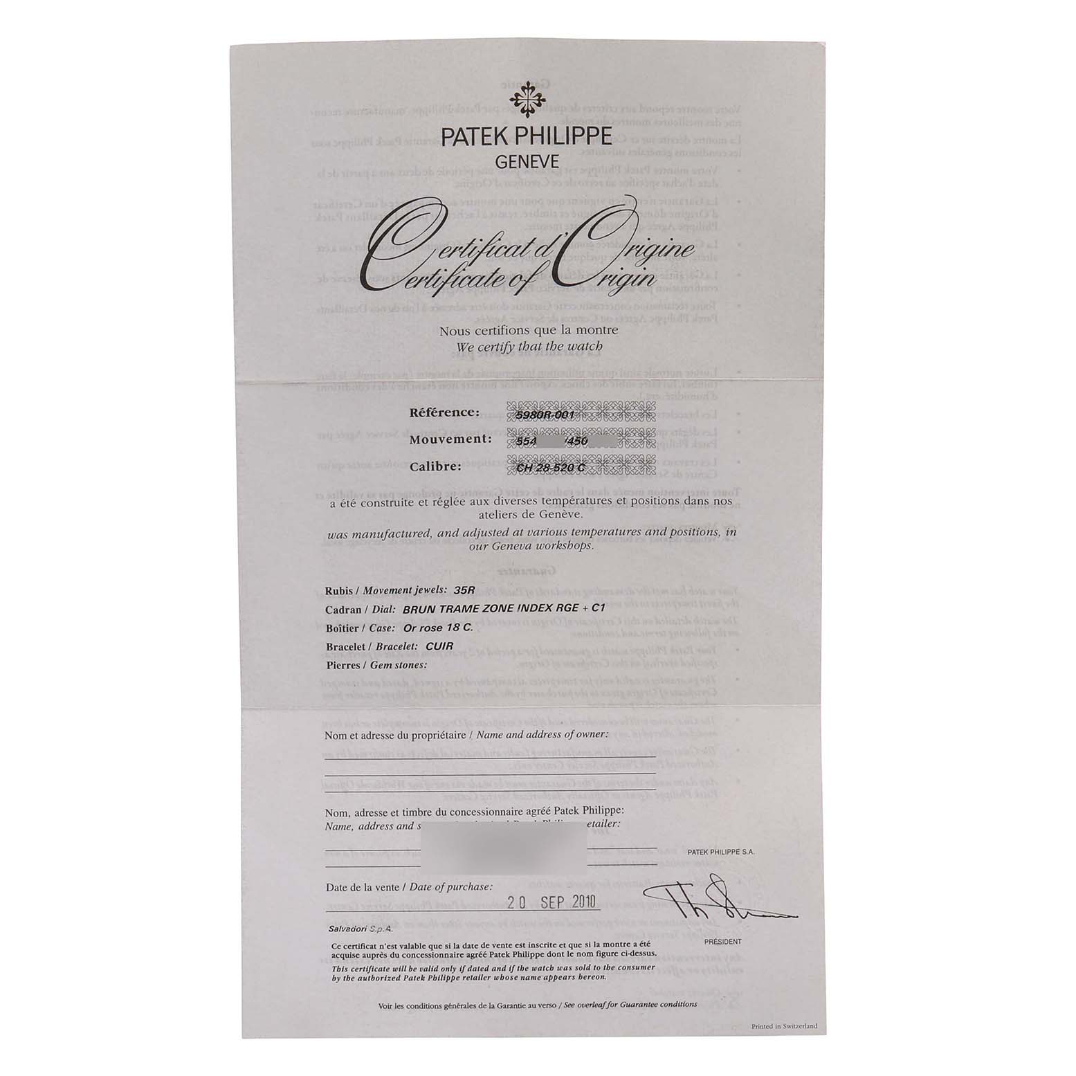 This is a document titled "Certificate of Origin" for a Patek Philippe Nautilus 5980R-001 Men's Rose Gold Brown Dial watch.