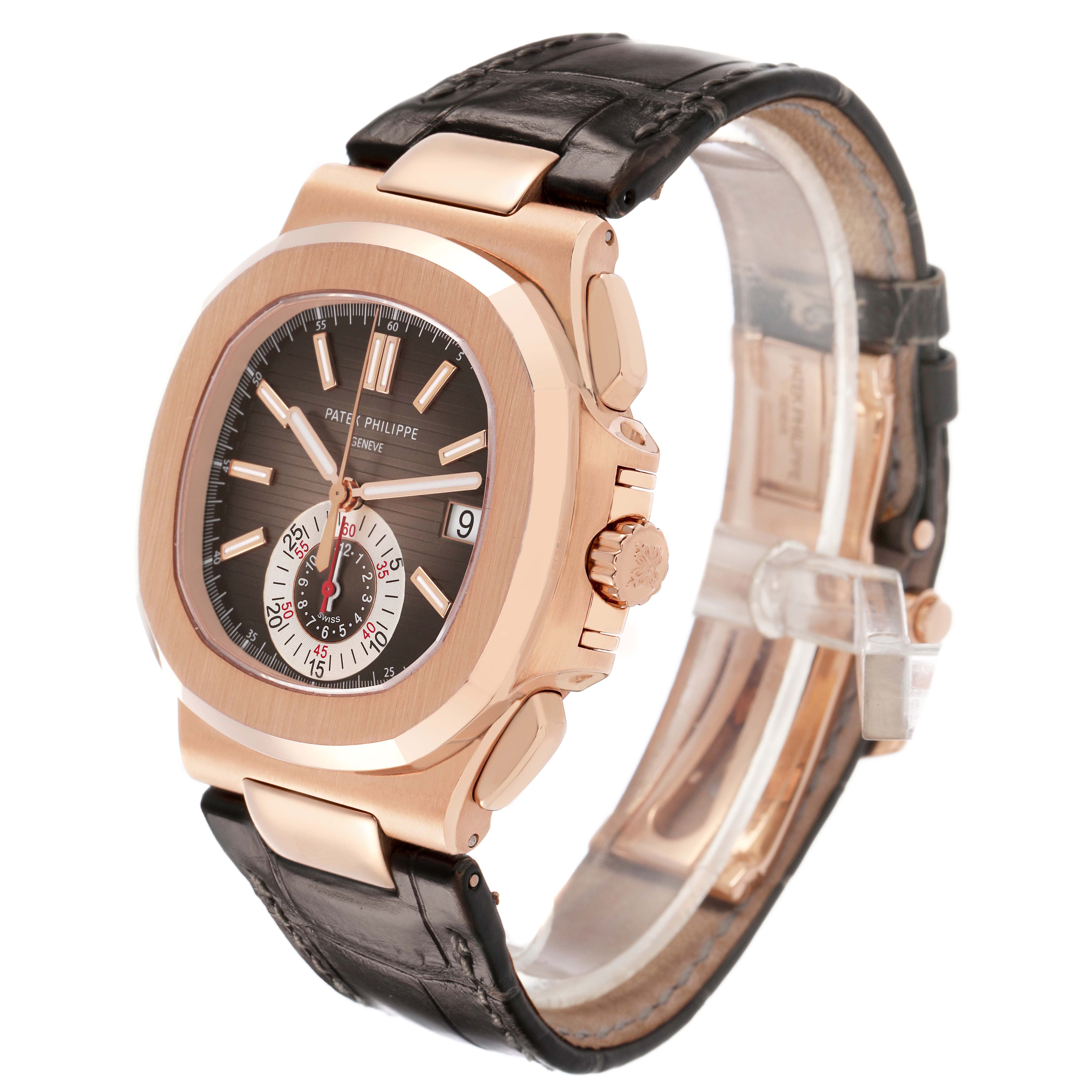 The Patek Philippe Nautilus 5980R-001 Men's Rose Gold Brown Dial watch is shown at a three-quarter angle, highlighting its rose gold case, dial, and black leather strap.