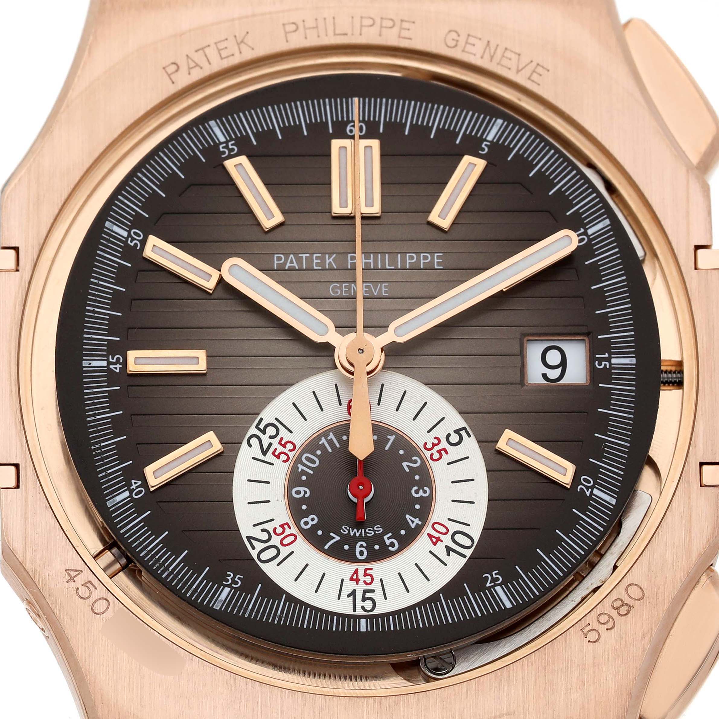The image shows a close-up of a Patek Philippe Nautilus 5980R-001 Men's Rose Gold Brown Dial watch face, highlighting the dial, hands, and date window.