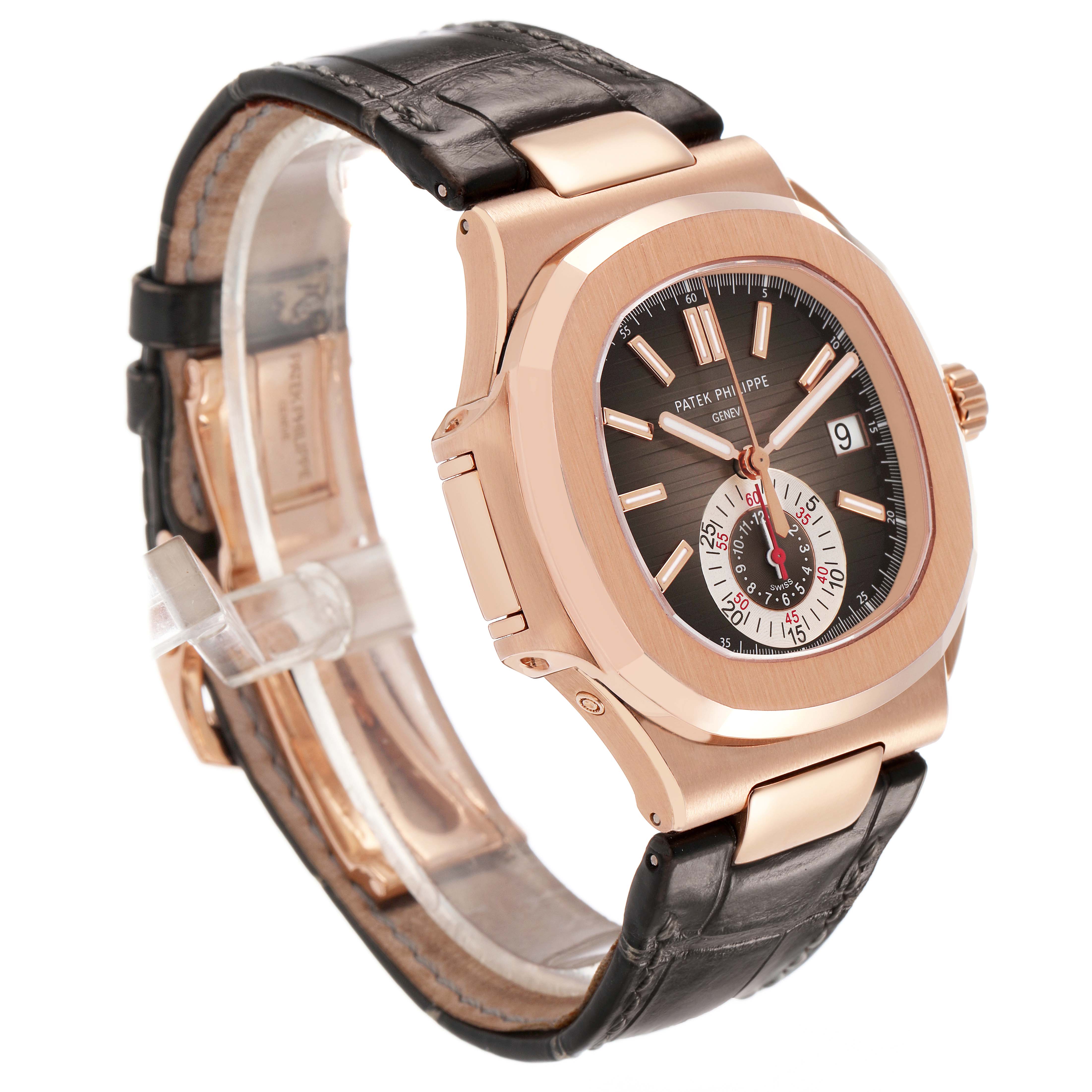 The Patek Philippe Nautilus 5980R-001 Men's Rose Gold Brown Dial watch is shown at an angle displaying the case, dial, crown, and leather strap.