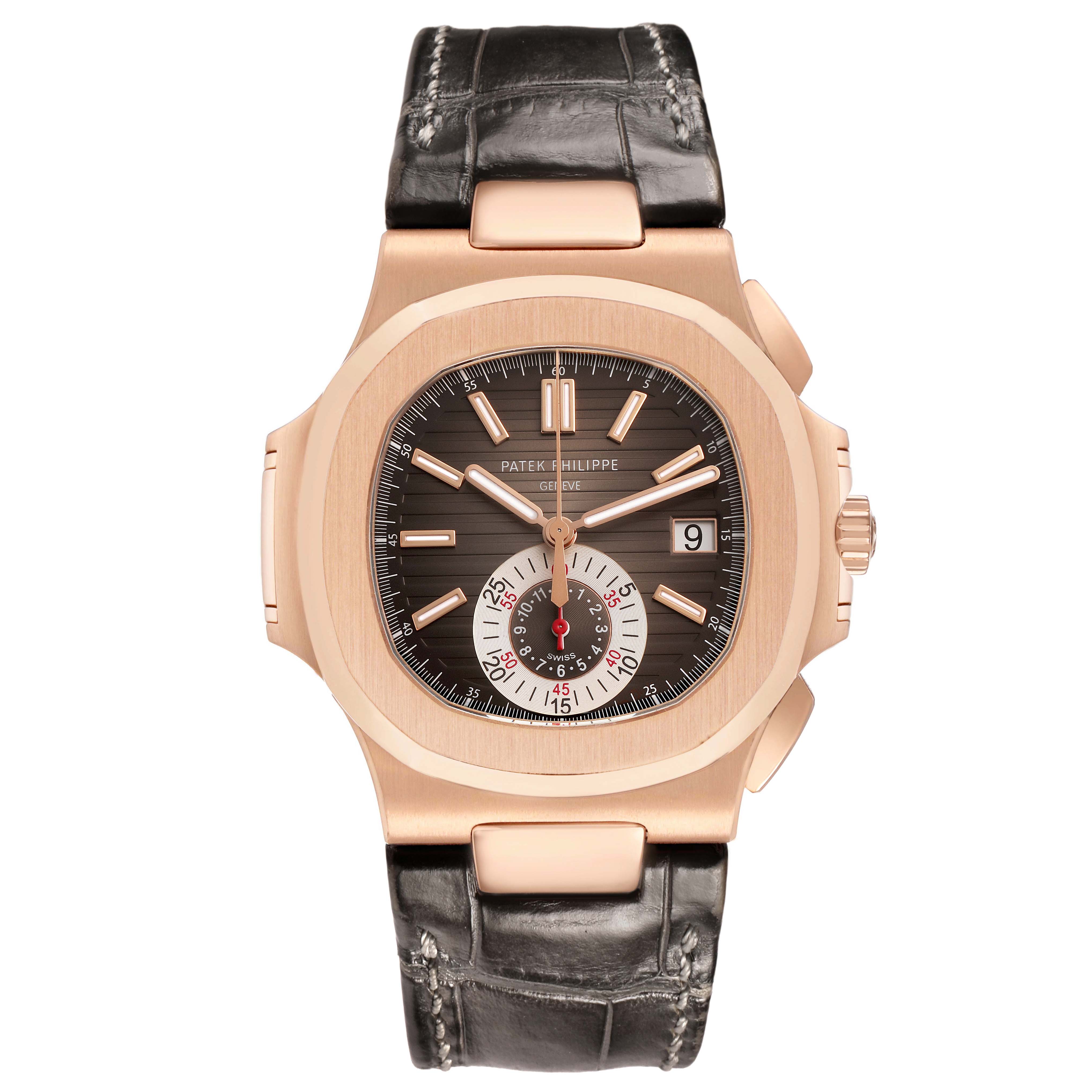 The Patek Philippe Nautilus 5980R-001 Men's Rose Gold Brown Dial watch is shown from a front view, displaying the dial, case, and leather strap.