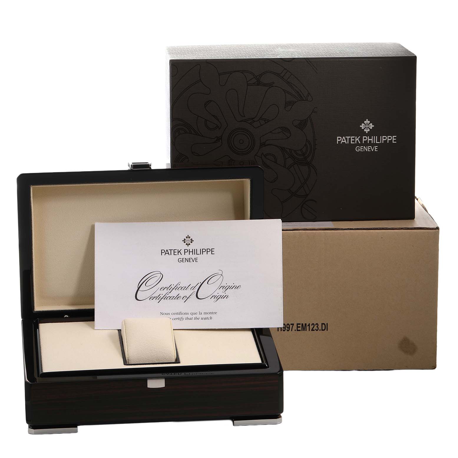The image shows the packaging and certificate for a Patek Philippe Nautilus 5980R-001 Men's Rose Gold Brown Dial, with an open watch box and outer boxes.