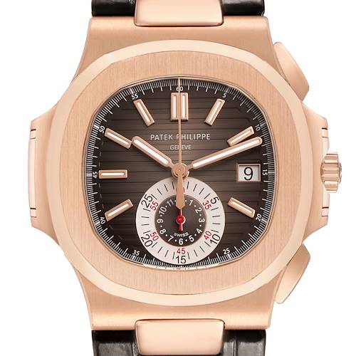 The Patek Philippe Nautilus 5980R-001 Men's Rose Gold Brown Dial watch is shown from a front angle, displaying its dial, hands, date, subdial, and case features.