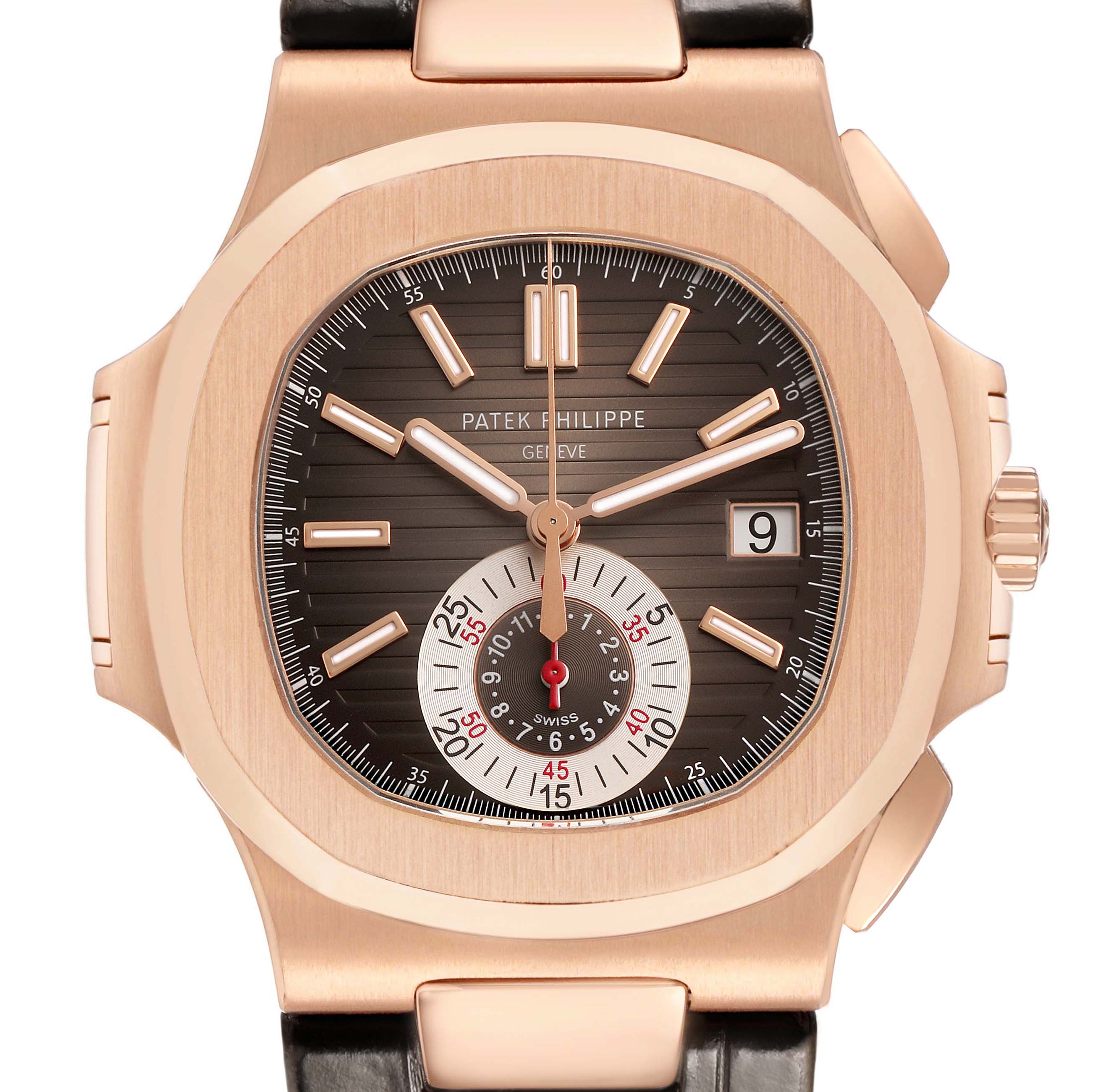 The Patek Philippe Nautilus 5980R-001 Men's Rose Gold Brown Dial watch is shown from the front, highlighting its dial, date window, and chronograph sub-dial.