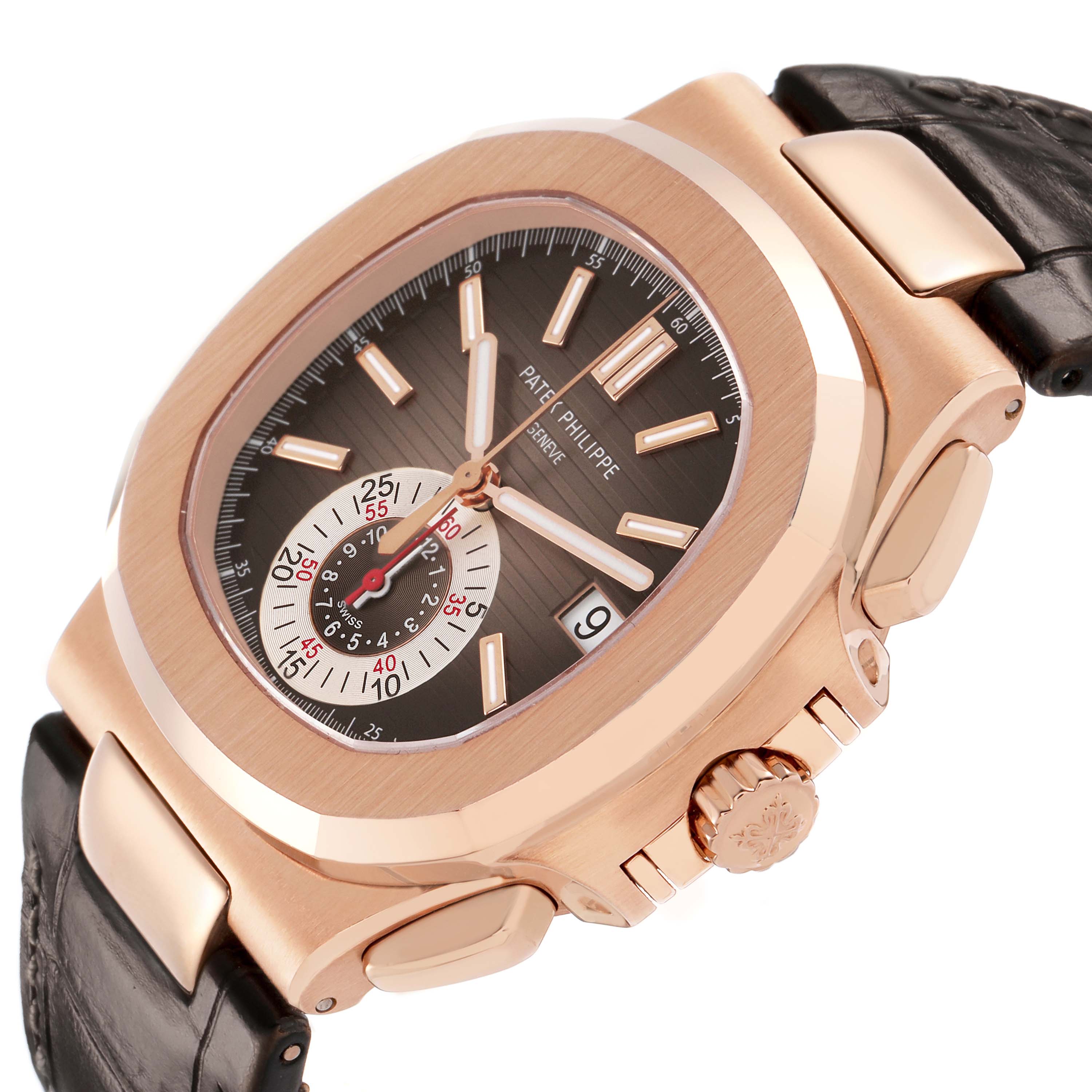 The Patek Philippe Nautilus 5980R-001 Men's Rose Gold Brown Dial watch is shown at an angled view highlighting the rose gold case, crown, and part of the dial and leather strap.