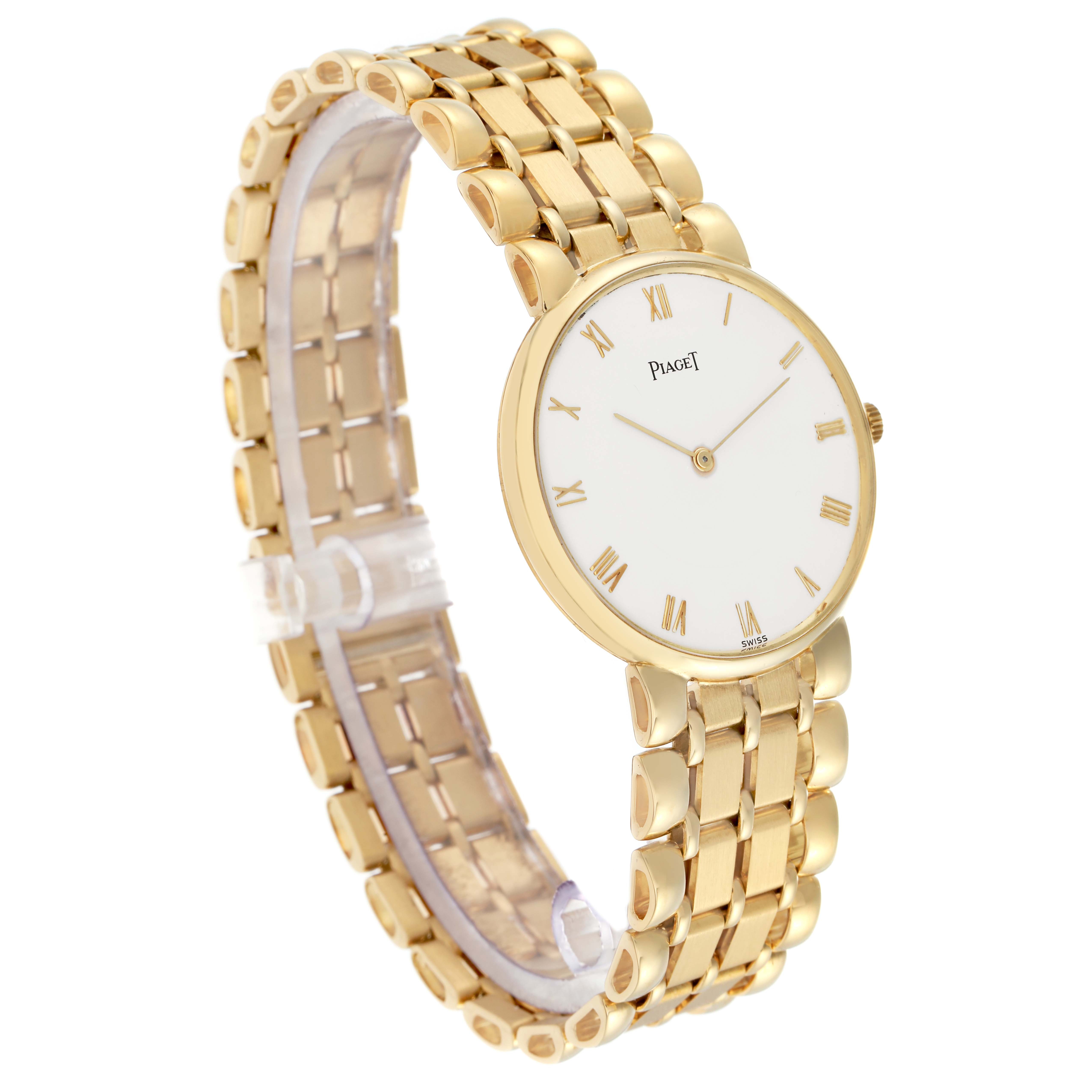 The Piaget 8065K43 Women
s Yellow Gold White Dial 8065K43 watch is shown at an angled side view highlighting the gold bracelet and white dial.