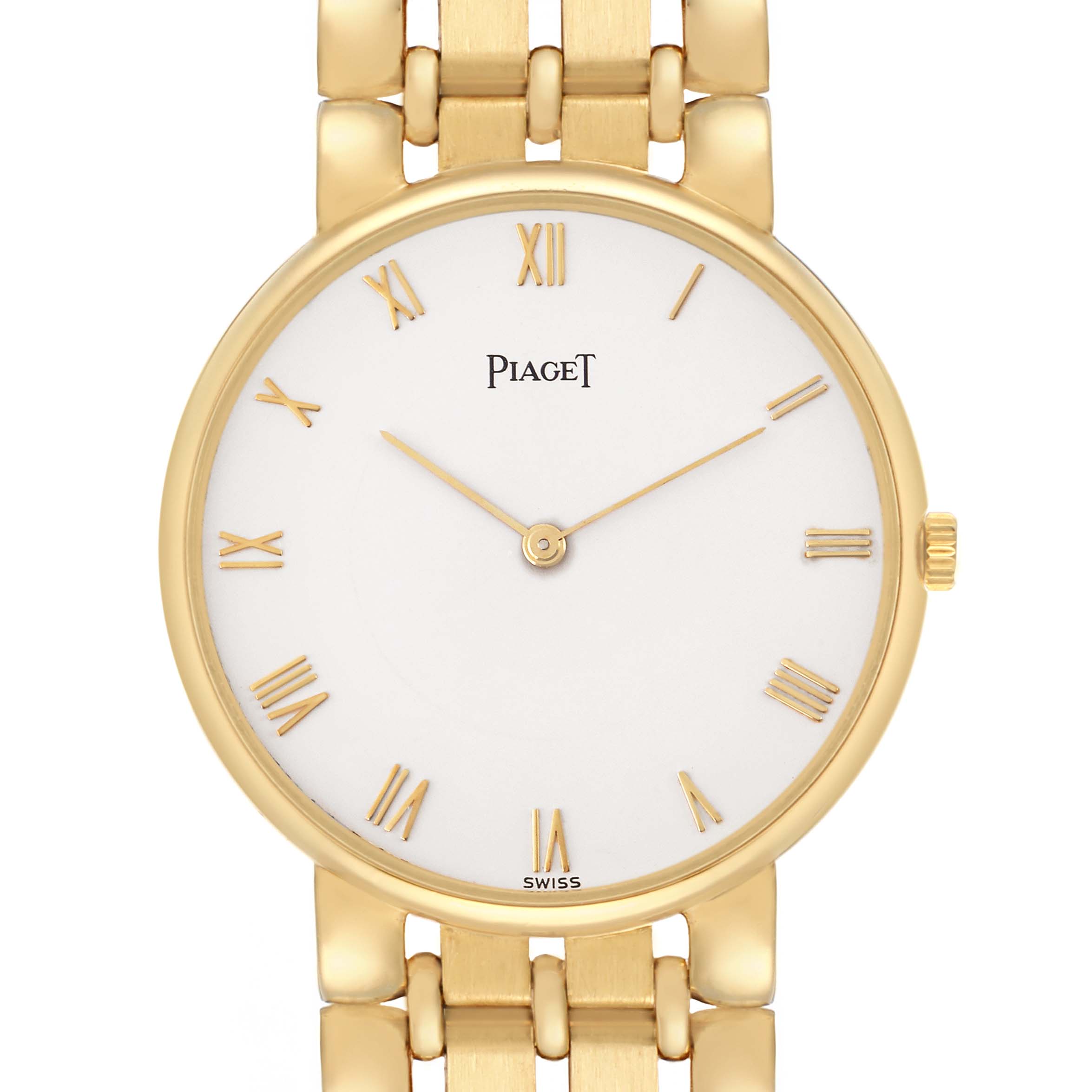 The image shows a front view of the Piaget 8065K43 Women
s Yellow Gold White Dial Vintage Yellow Gold Ladies Watch 8065K43, displaying the white dial, Roman numerals, and gold bracelet.