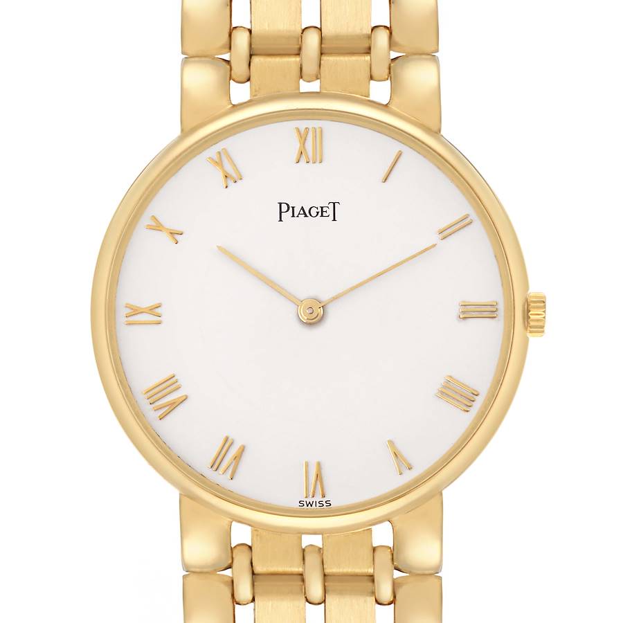 The image shows a front view of the Piaget 8065K43 Women's Yellow Gold White Dial Vintage Yellow Gold Ladies Watch 8065K43, displaying the white dial, Roman numerals, and gold bracelet.