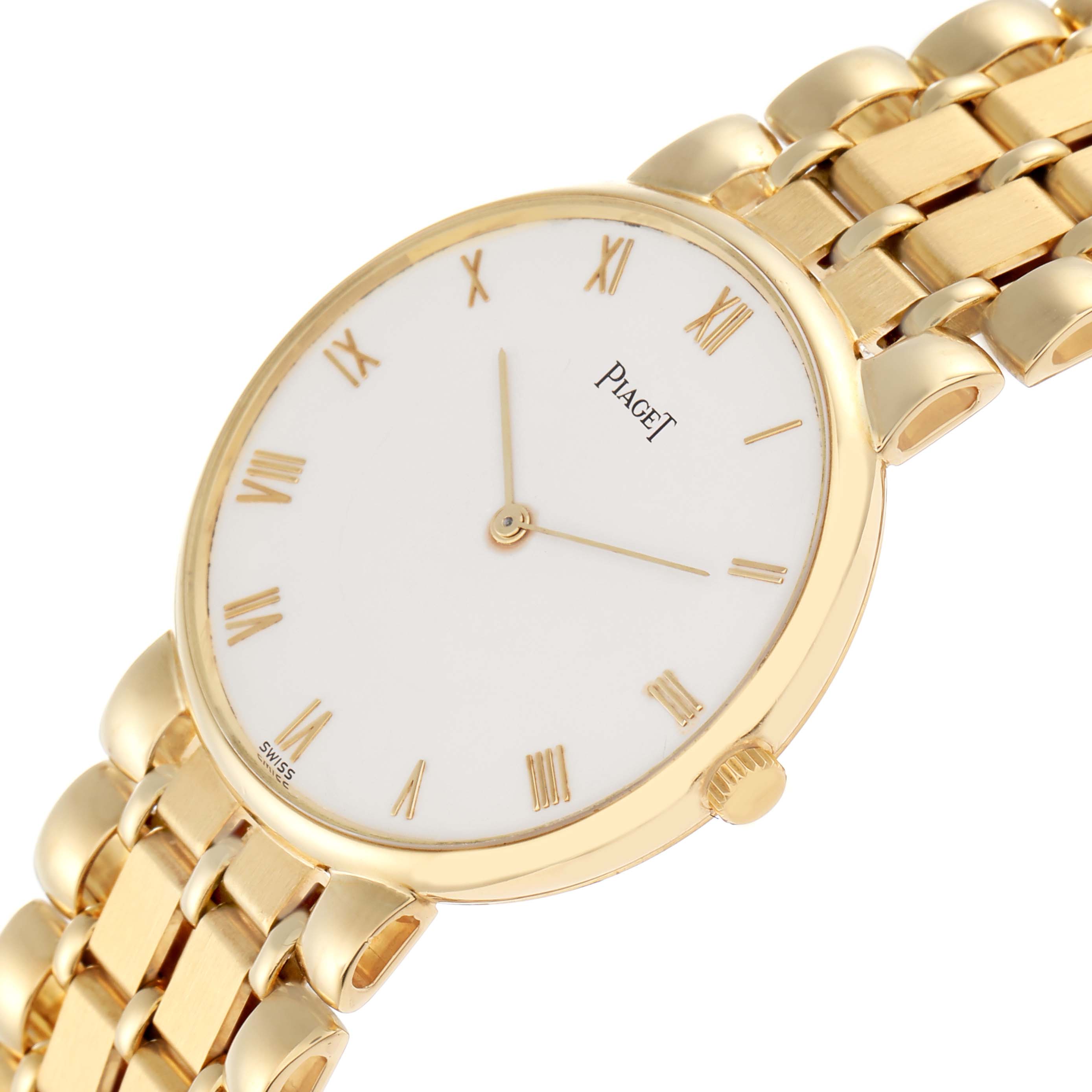 The Piaget 8065K43 Women
s Yellow Gold White Dial 8065K43 watch is shown at a slight angle displaying the white dial, gold Roman numerals, and part of the gold bracelet.