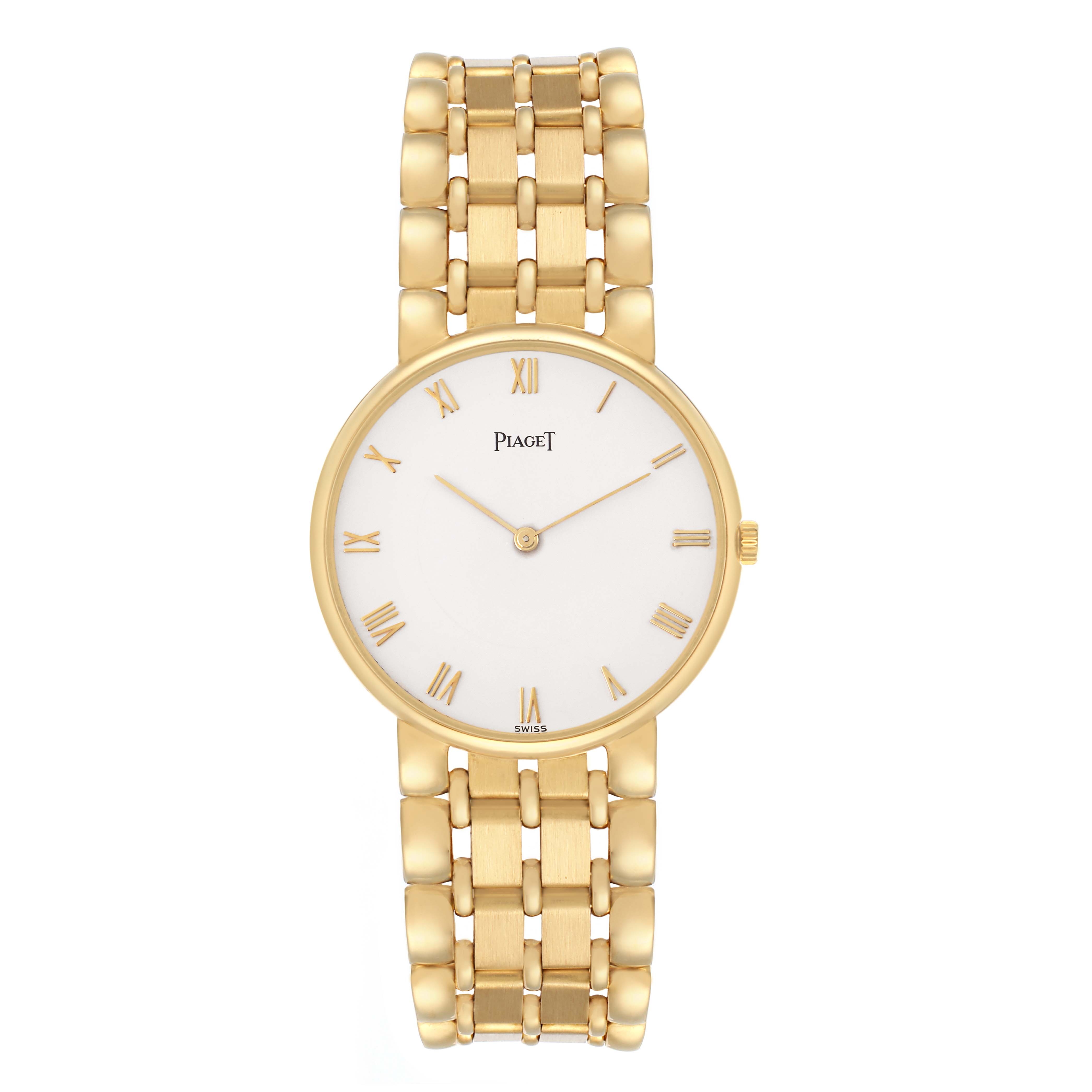 The Piaget 8065K43 Women
s Yellow Gold White Dial Vintage Yellow Gold White Dial Ladies Watch 8065K43 is shown from a top view, highlighting the entire face and bracelet.