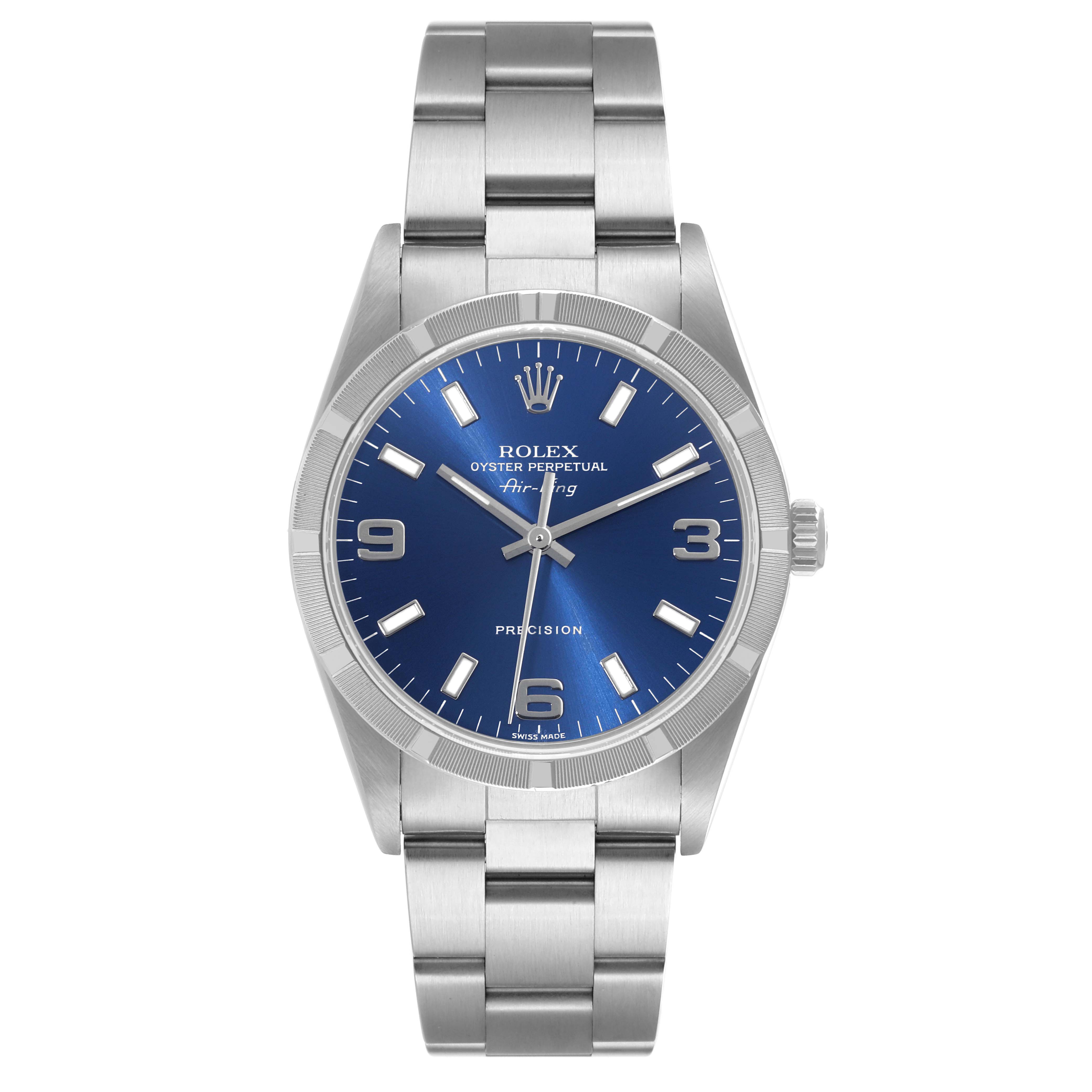 The image shows a front view of a Rolex Air-King 14010 Men's Stainless Steel Blue Dial 14010 Men's Stainless Steel Blue Dial watch displaying its blue dial, crown, and stainless steel bracelet.