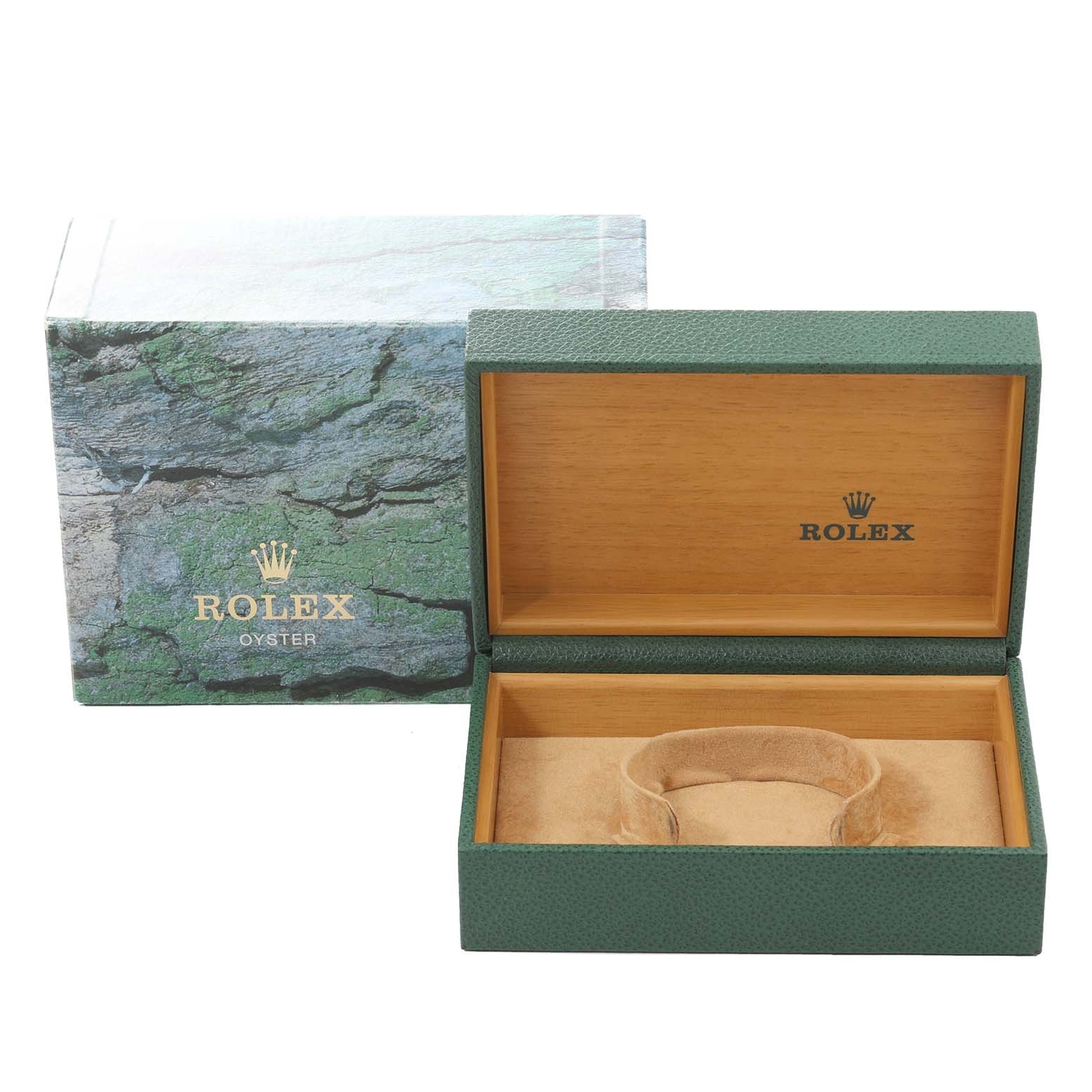 The image shows an open green Rolex watch box for the Air-King model, along with its outer packaging.