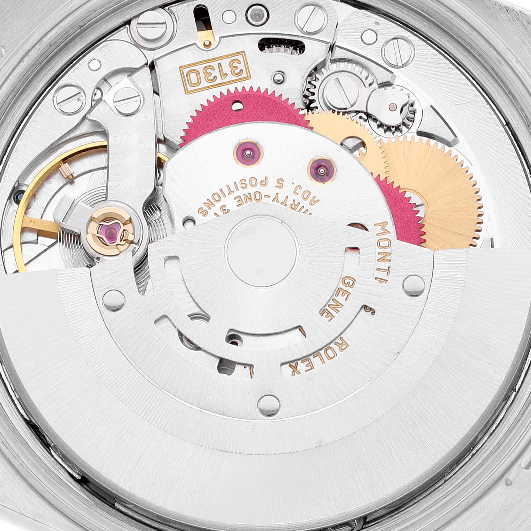 The image shows the internal mechanical movement parts of an Air-King model by Rolex, viewed from the back.