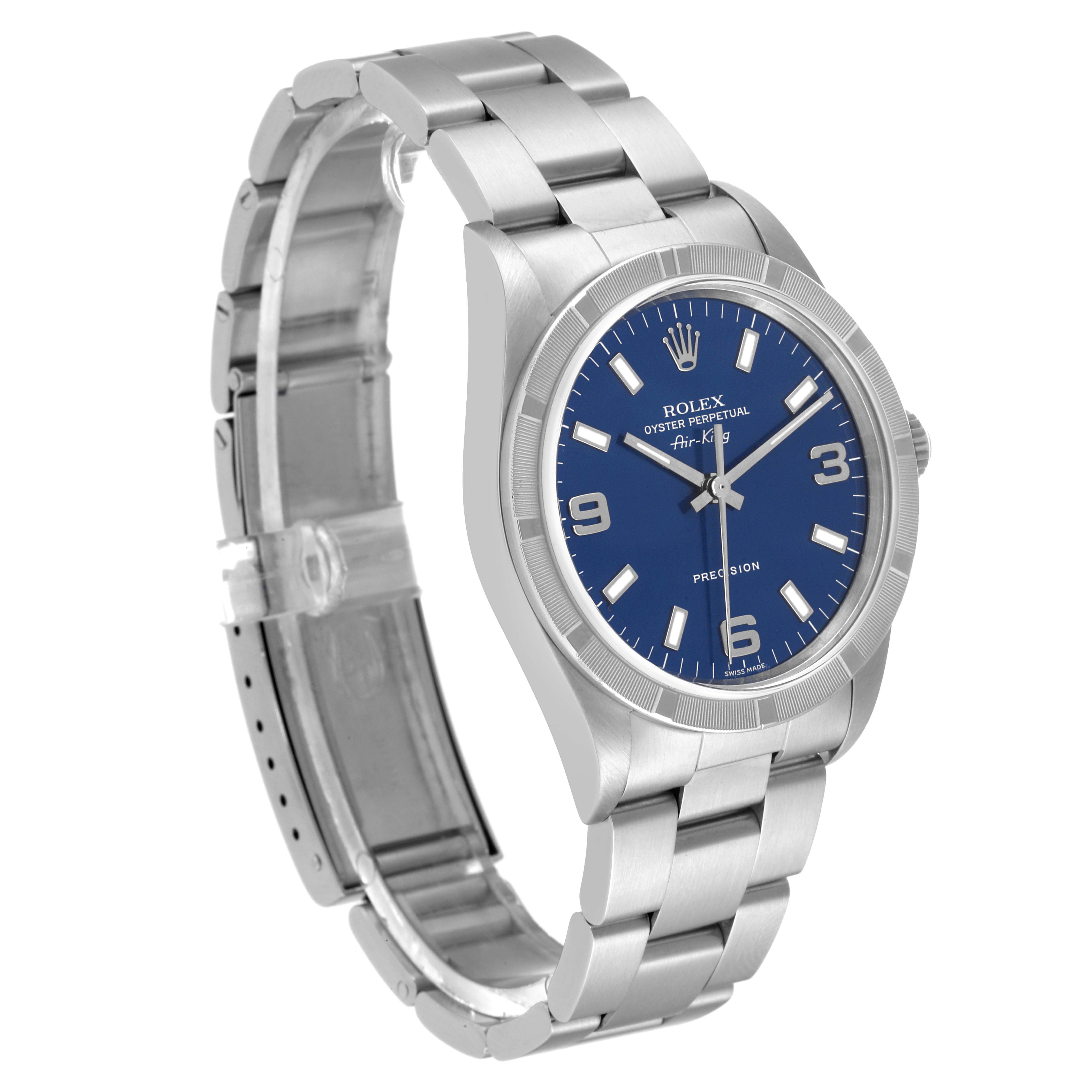 The Rolex Air-King 14010 Men's Stainless Steel Blue Dial 14010 Men's Stainless Steel Blue Dial watch is shown at an angled view, highlighting its silver band and blue dial.