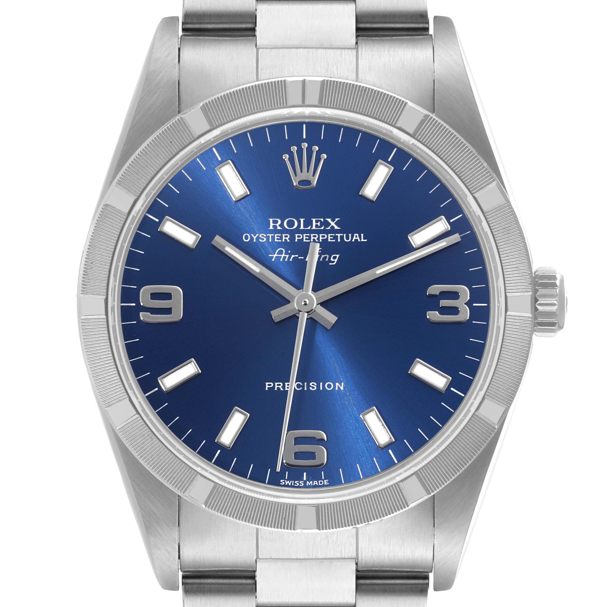 The Rolex Air-King 14010 Men's Stainless Steel Blue Dial 14010 Men's Stainless Steel Blue Dial watch is shown from a front angle, displaying its blue dial, hour markers, hands, crown, and part of the bracelet.