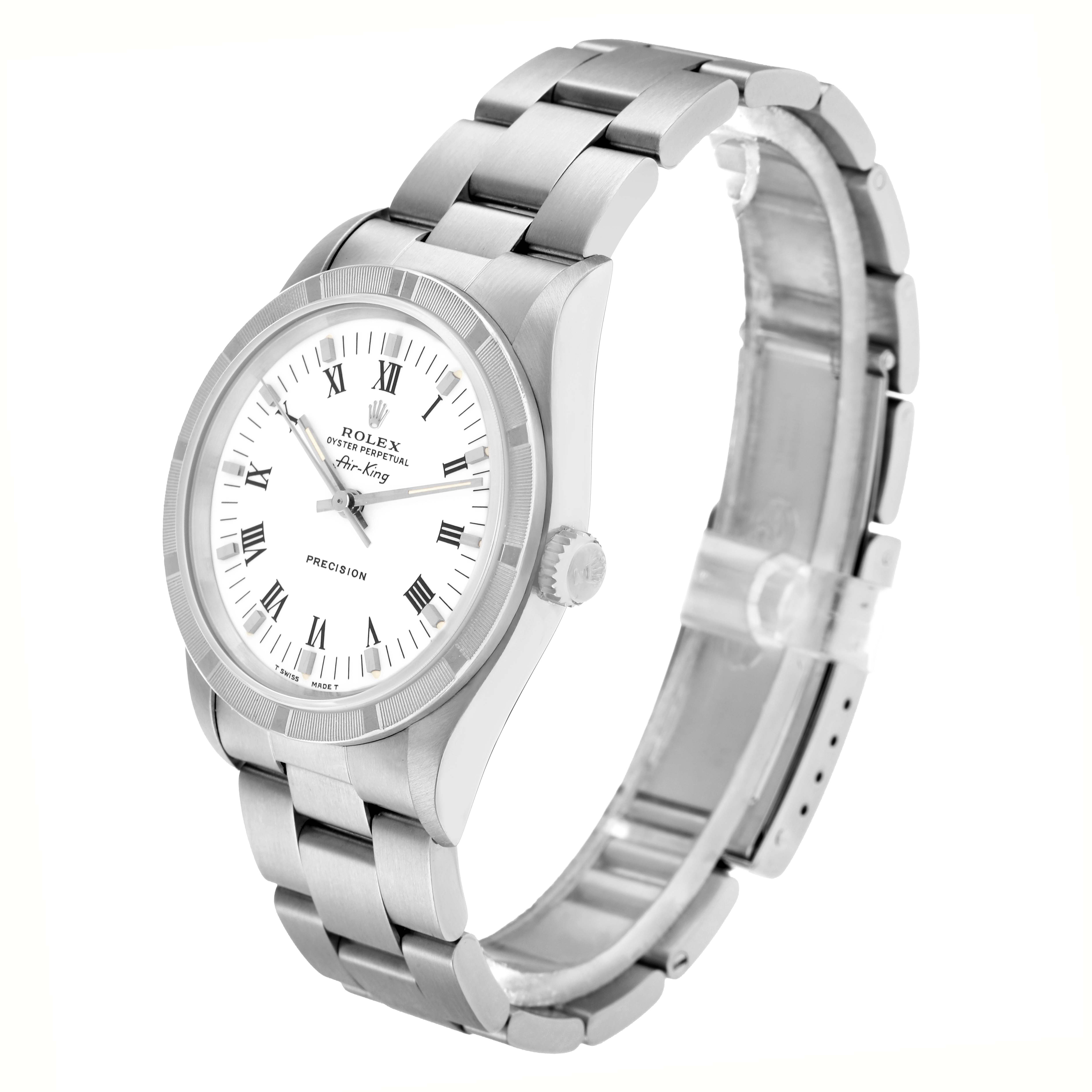 The Rolex Air-King 14010 Men
s Stainless Steel White Dial watch is shown at a slight angle, displaying the face, bezel, crown, and part of the bracelet.