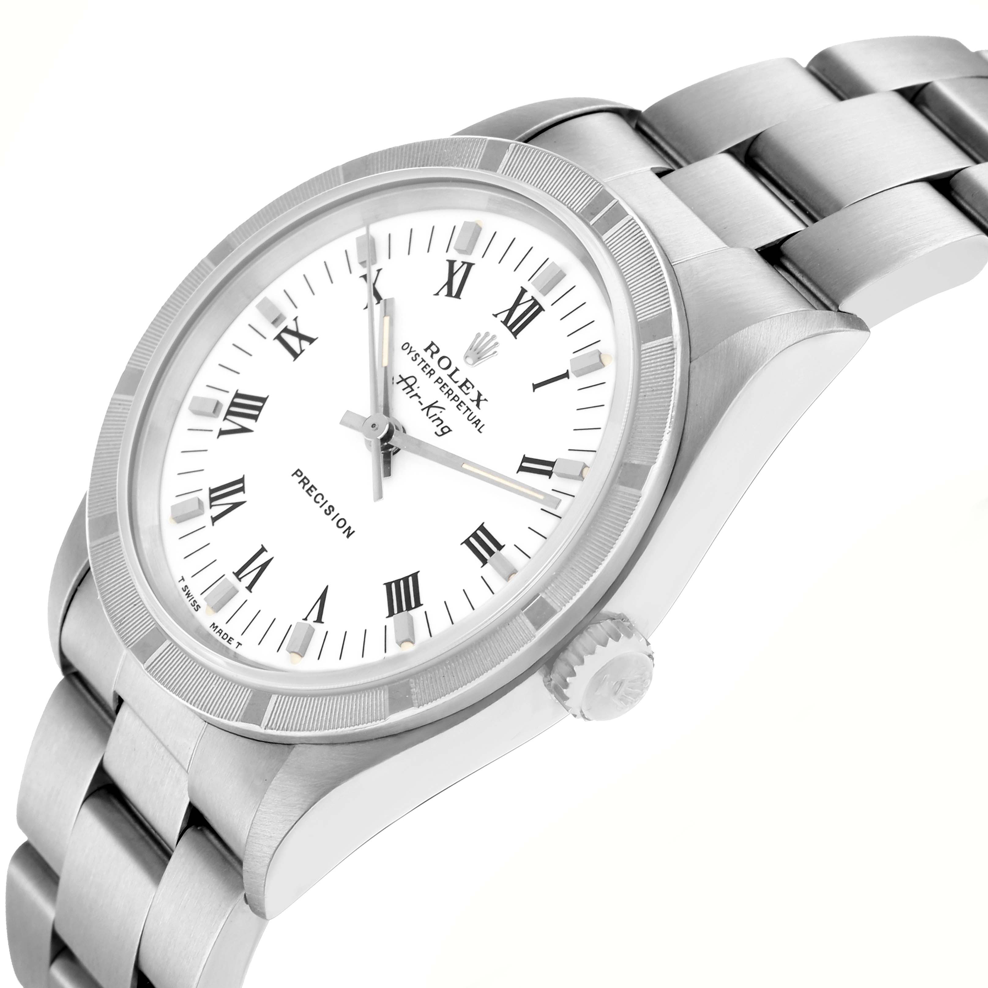 The Rolex Air-King 14010 Men
s Stainless Steel White Dial watch is shown at an angled side view, highlighting the dial, bezel, crown, and part of the bracelet.