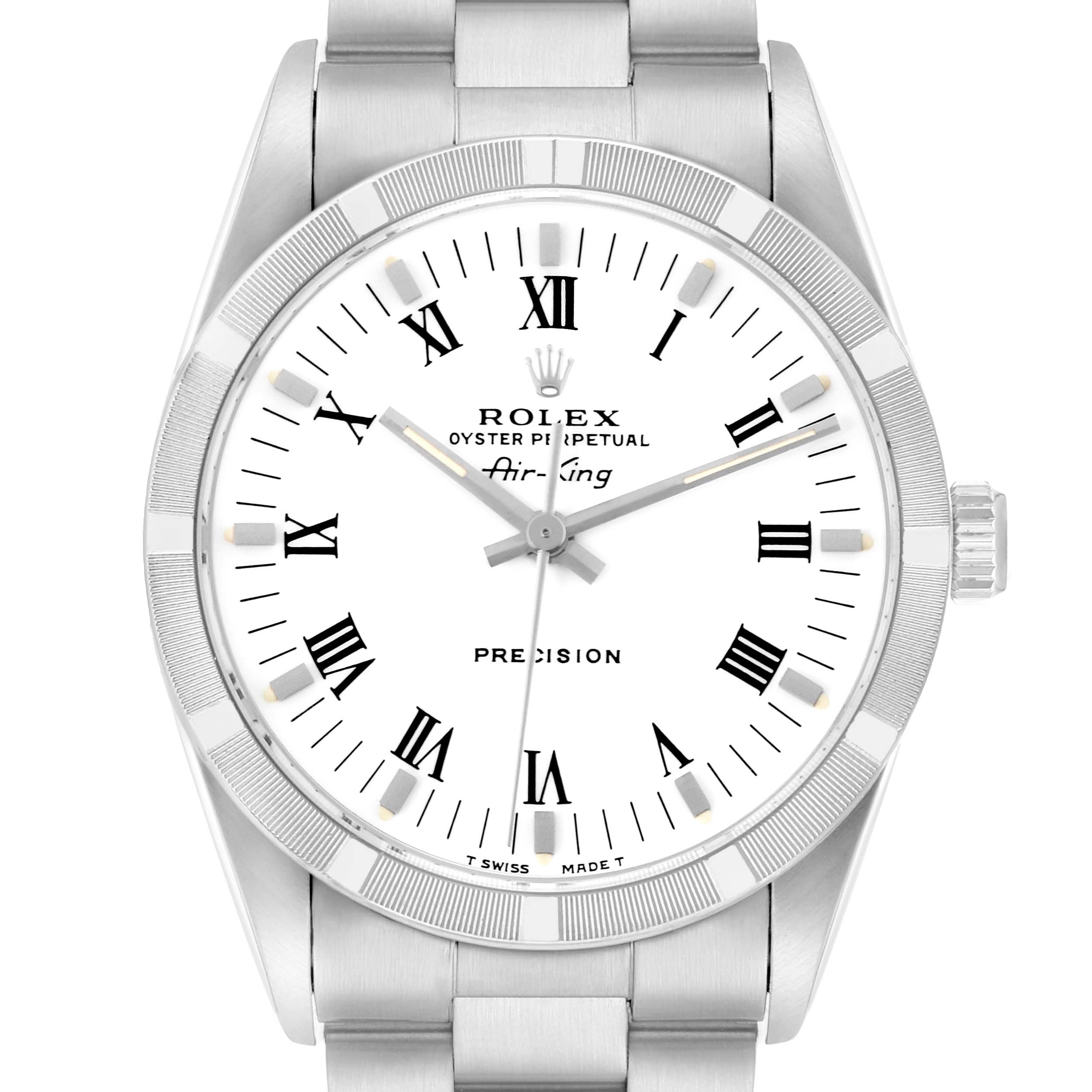 The Rolex Air-King 14010 Men
s Stainless Steel White Dial watch is shown from a frontal angle, displaying its face, bezel, and part of the bracelet.