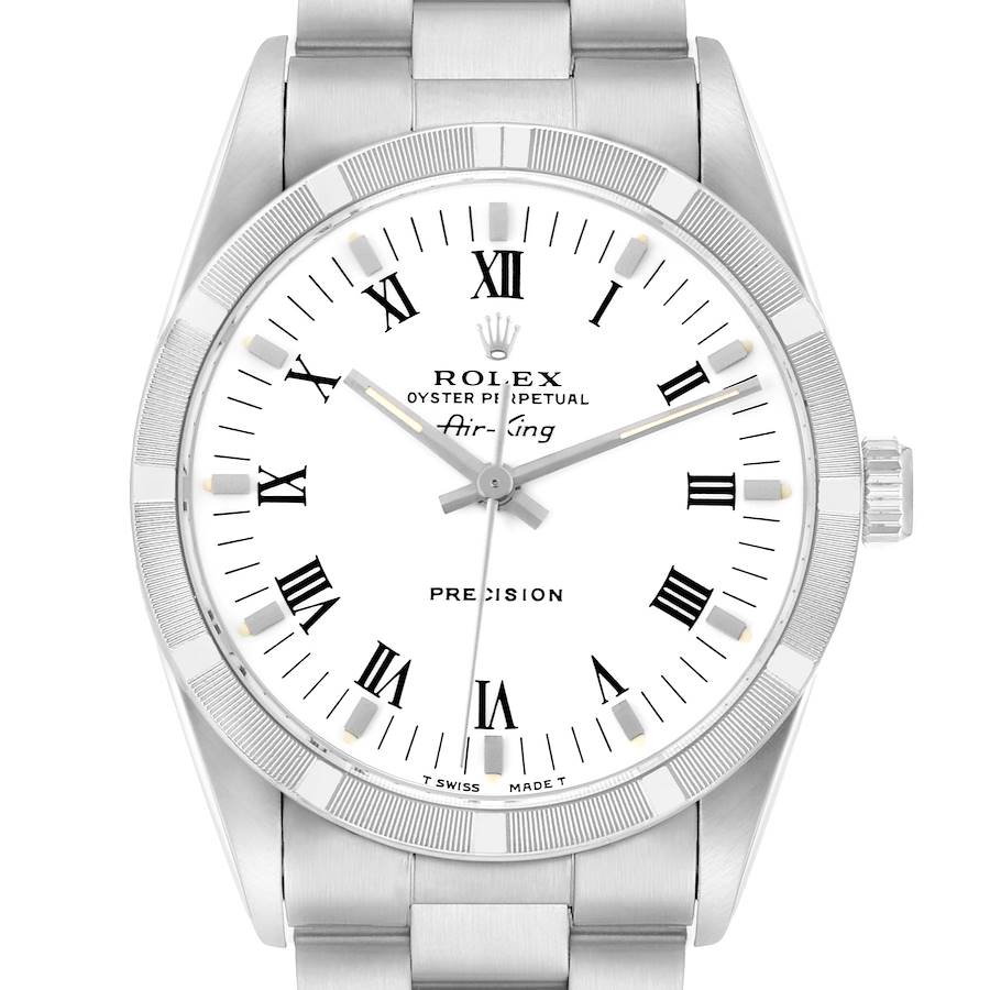 The Rolex Air-King 14010 Men's Stainless Steel White Dial watch is shown from a frontal angle, displaying its face, bezel, and part of the bracelet.
